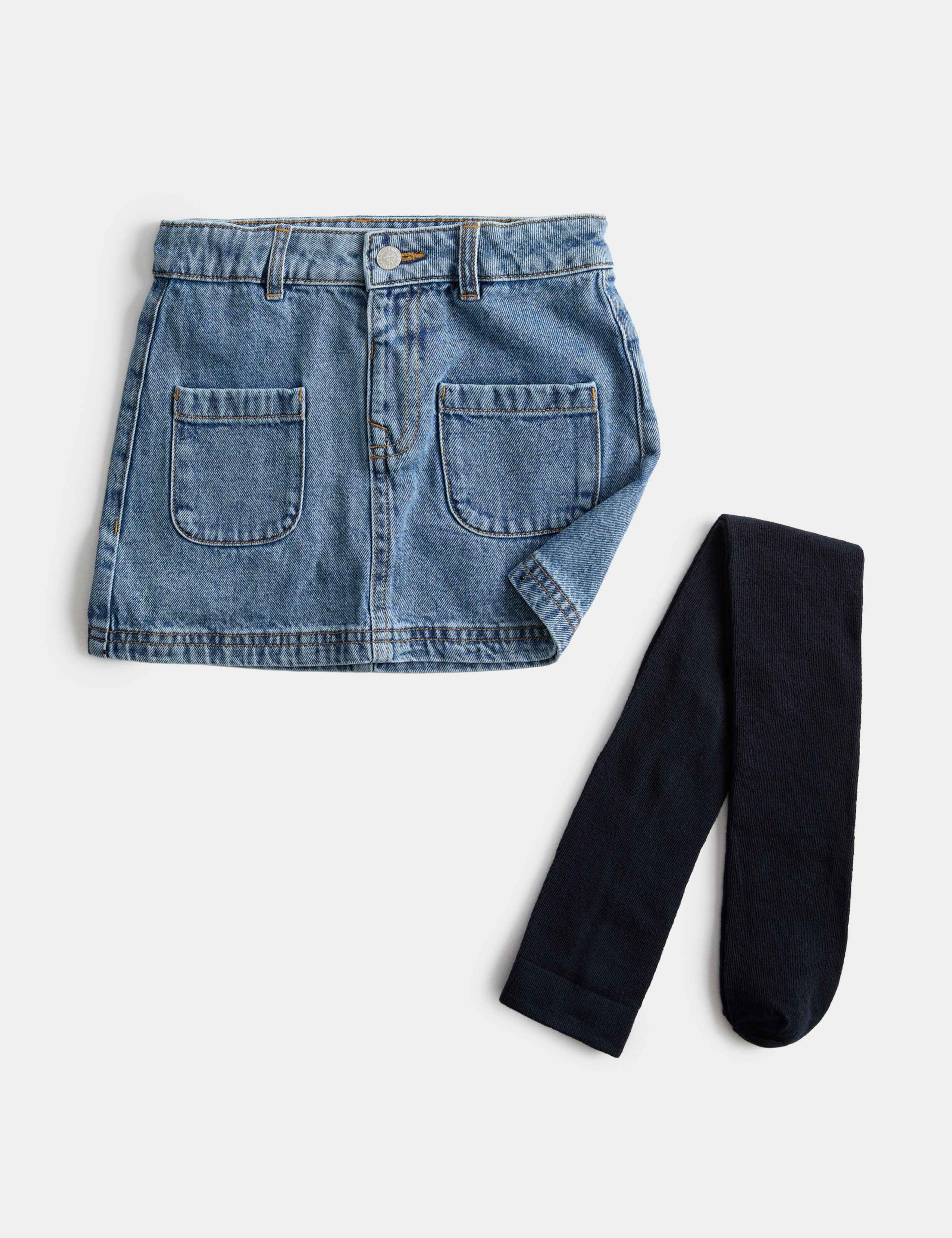 Pure Cotton Denim Skirt with Tights (2-8 Yrs) 1 of 1