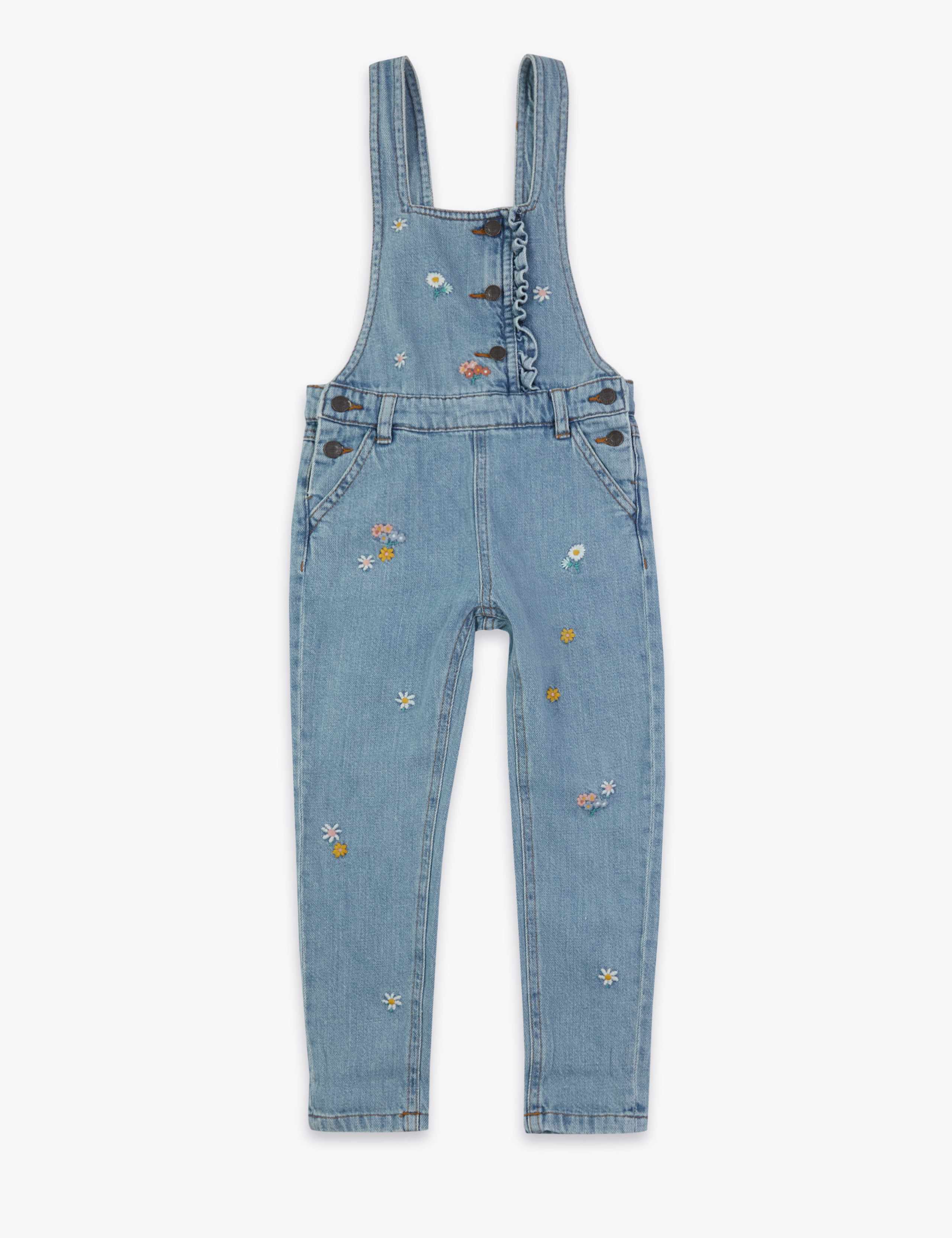 Denim Embroidered Flower Dungarees (2-7 Yrs) 2 of 4