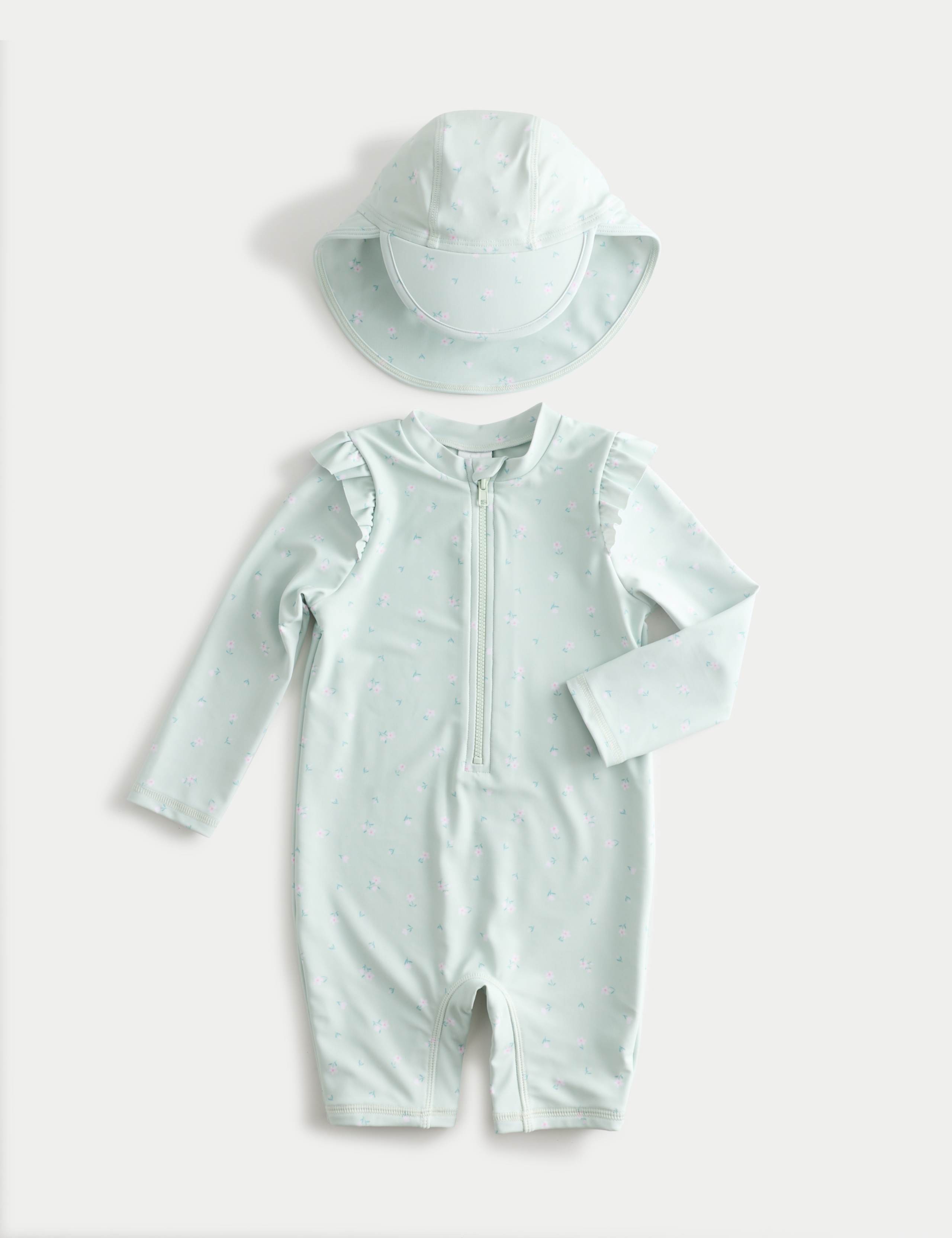 2 Piece Floral Swimsuit & Hat Set (0-3 Yrs) 1 of 2