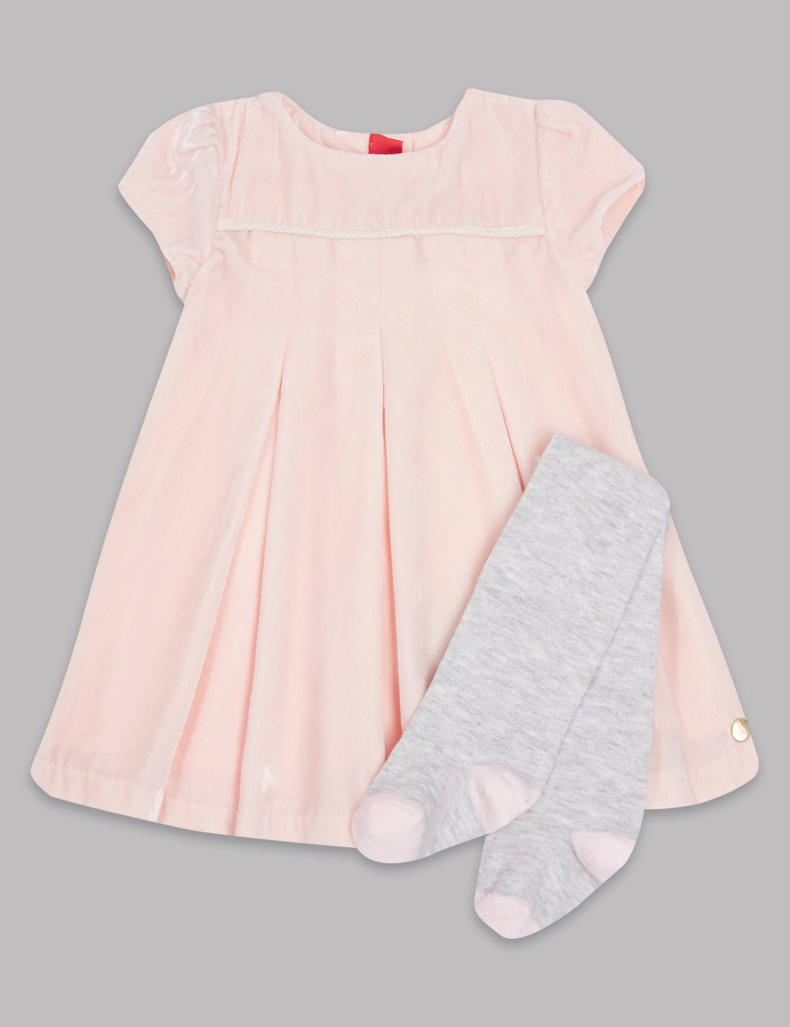 Short Sleeve Velvet Dress with Tights 1 of 7