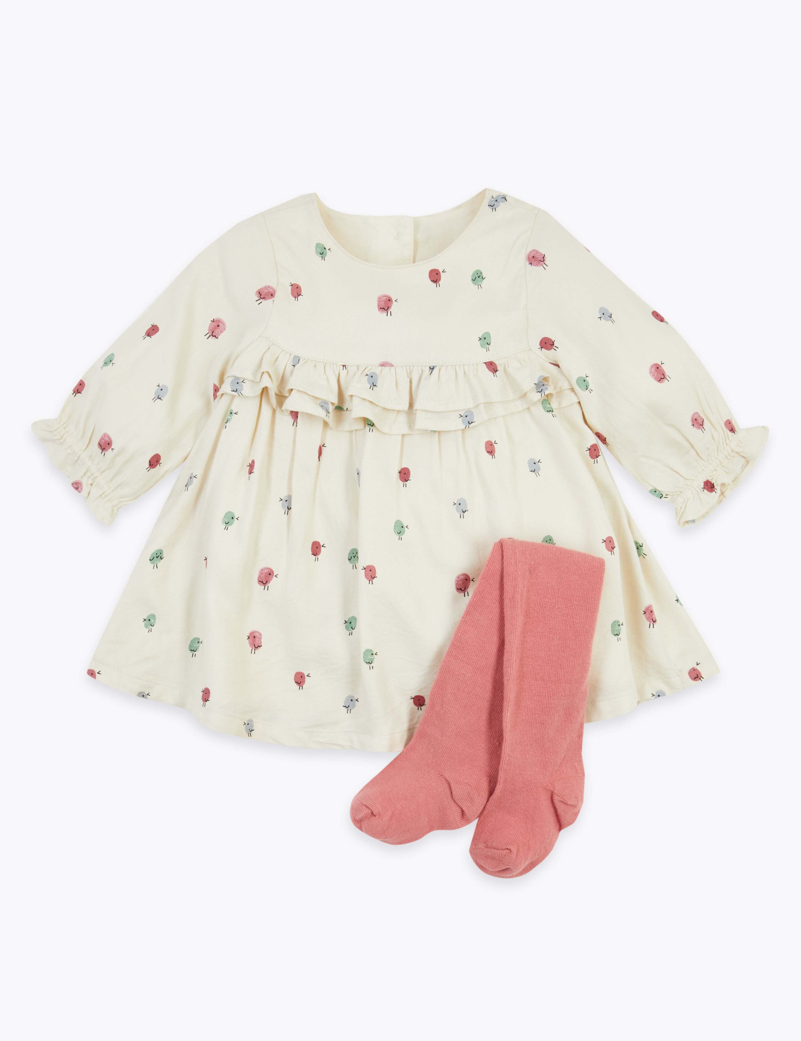 2 Piece Bird Print Dress & Tights Outfit (0-3 Yrs) 1 of 5