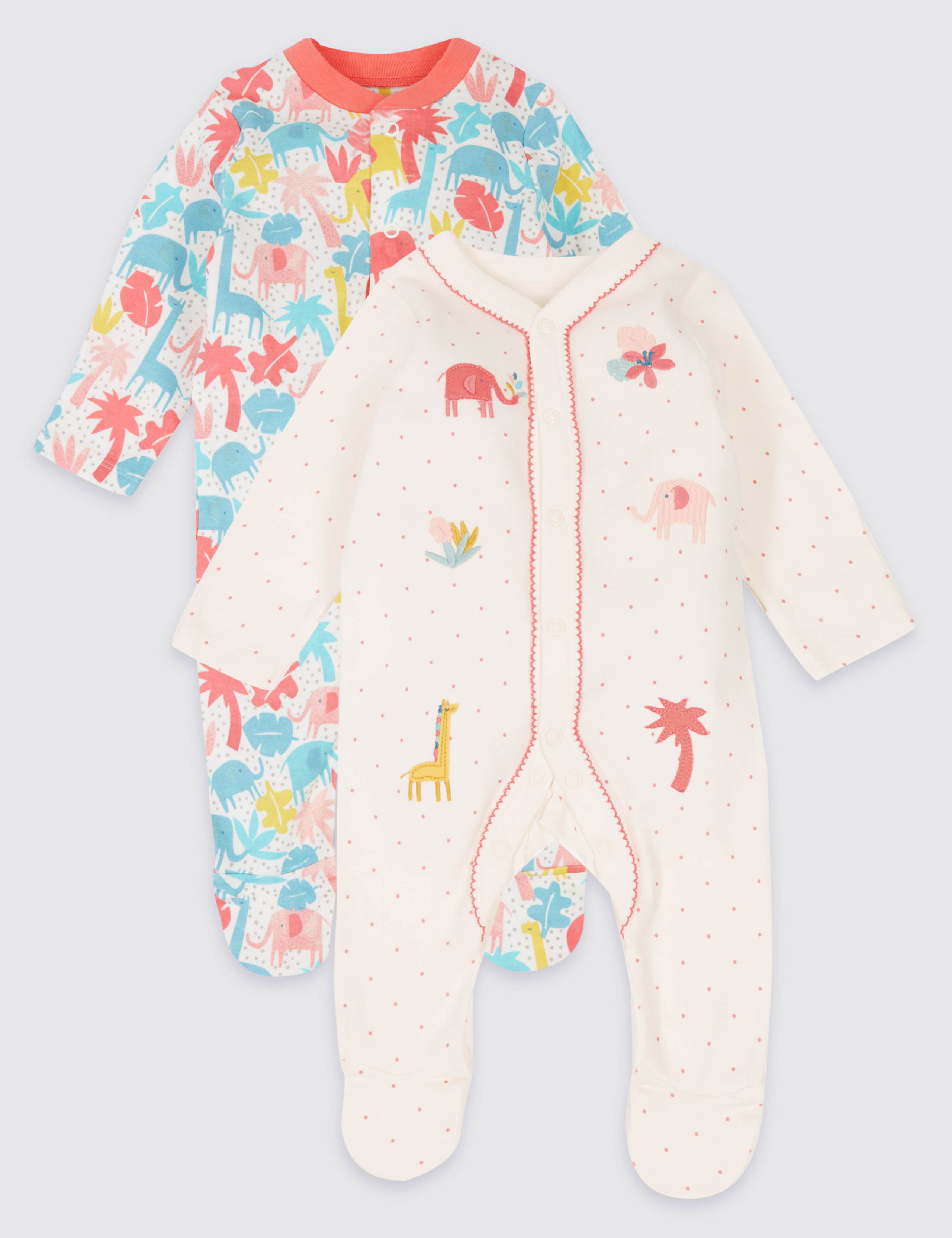 2 Pack Embroidered Pure Cotton Sleepsuits 1 of 8