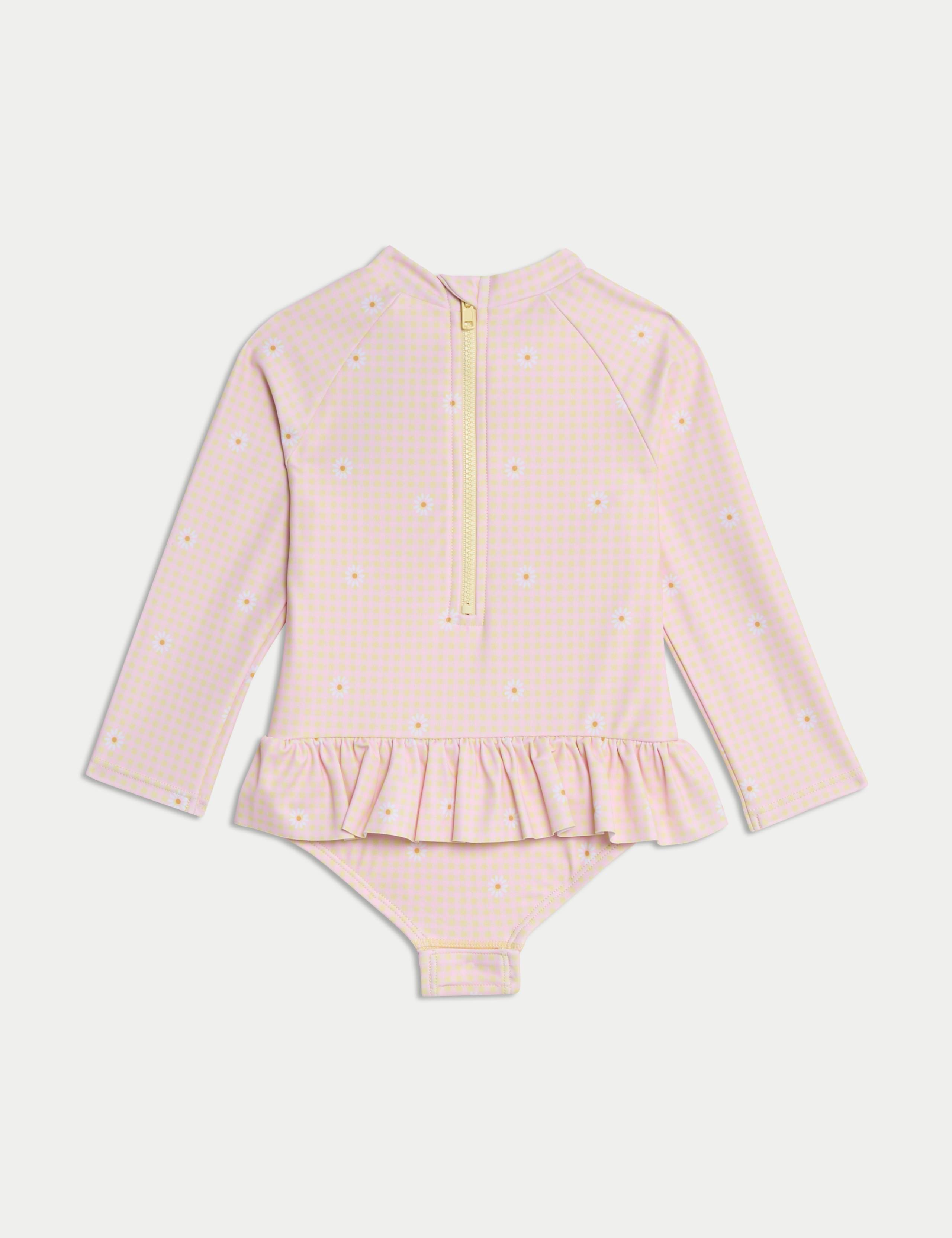 Gingham Floral Frill Long Sleeve Swimsuit (0-3 Yrs) 2 of 3