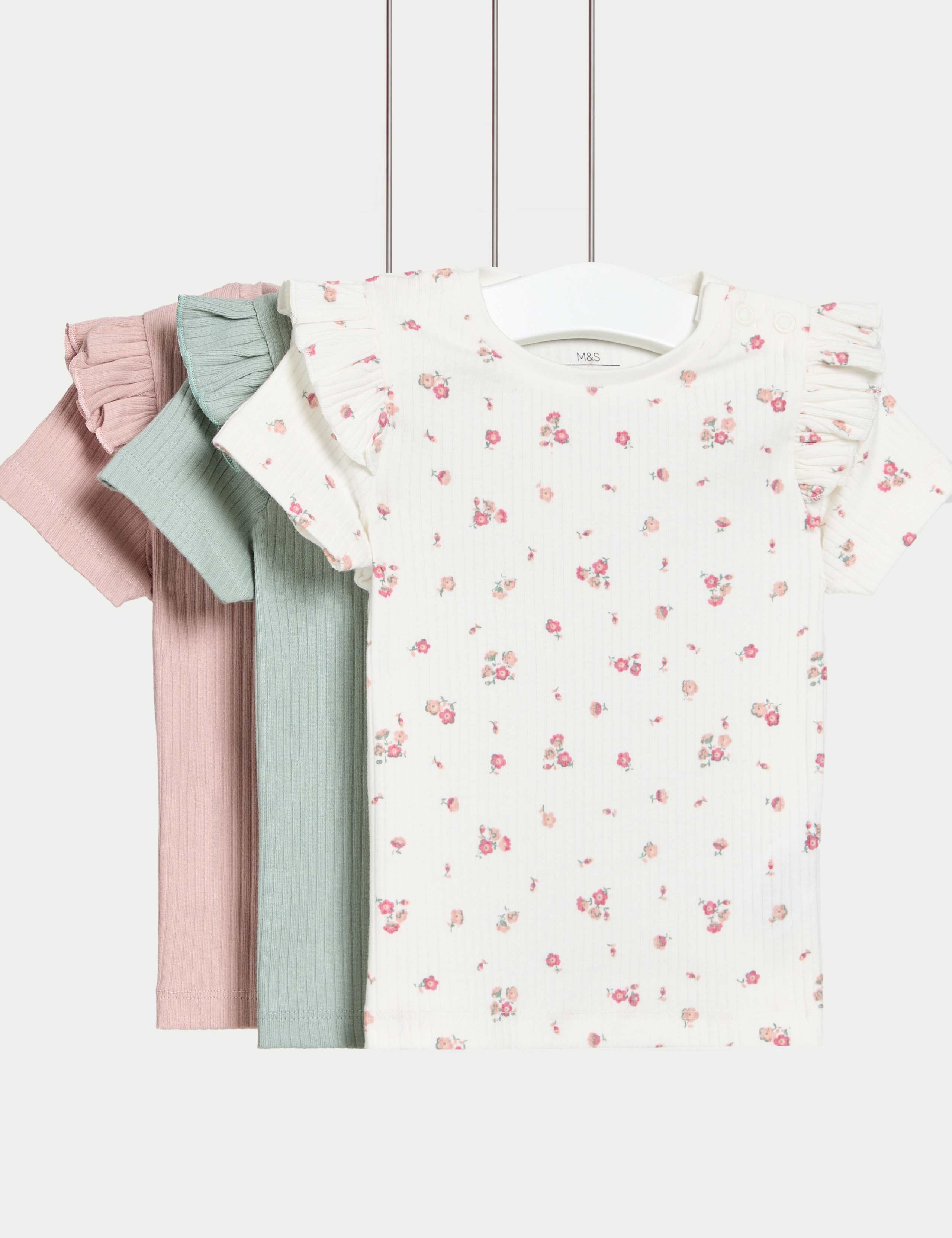 3 Pack Cotton Rich Floral & Ribbed Tops (0-3 Yrs) 1 of 1