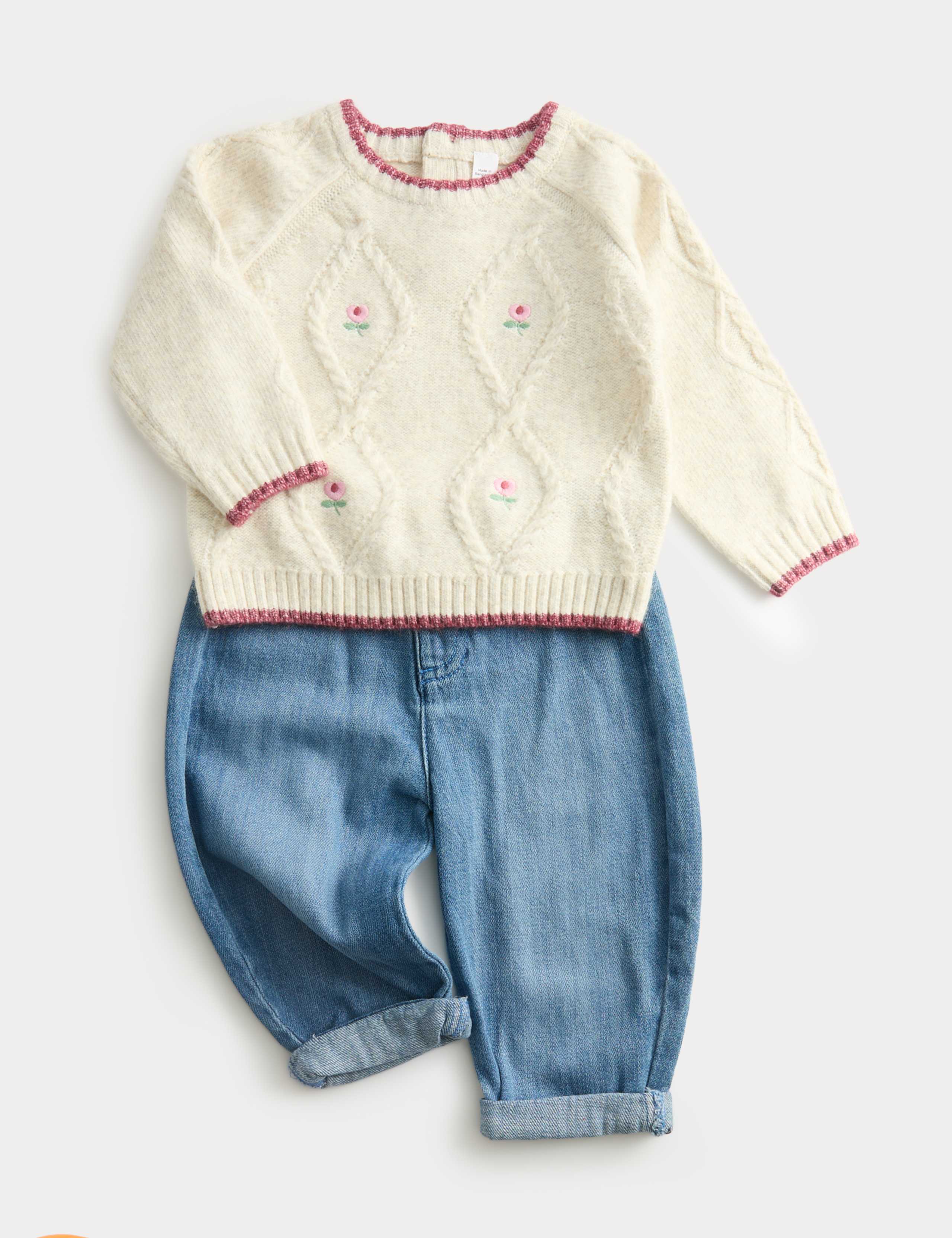 2pc Floral Cable Knit Jumper & Jeans Outfit (0-3 Yrs) 1 of 2