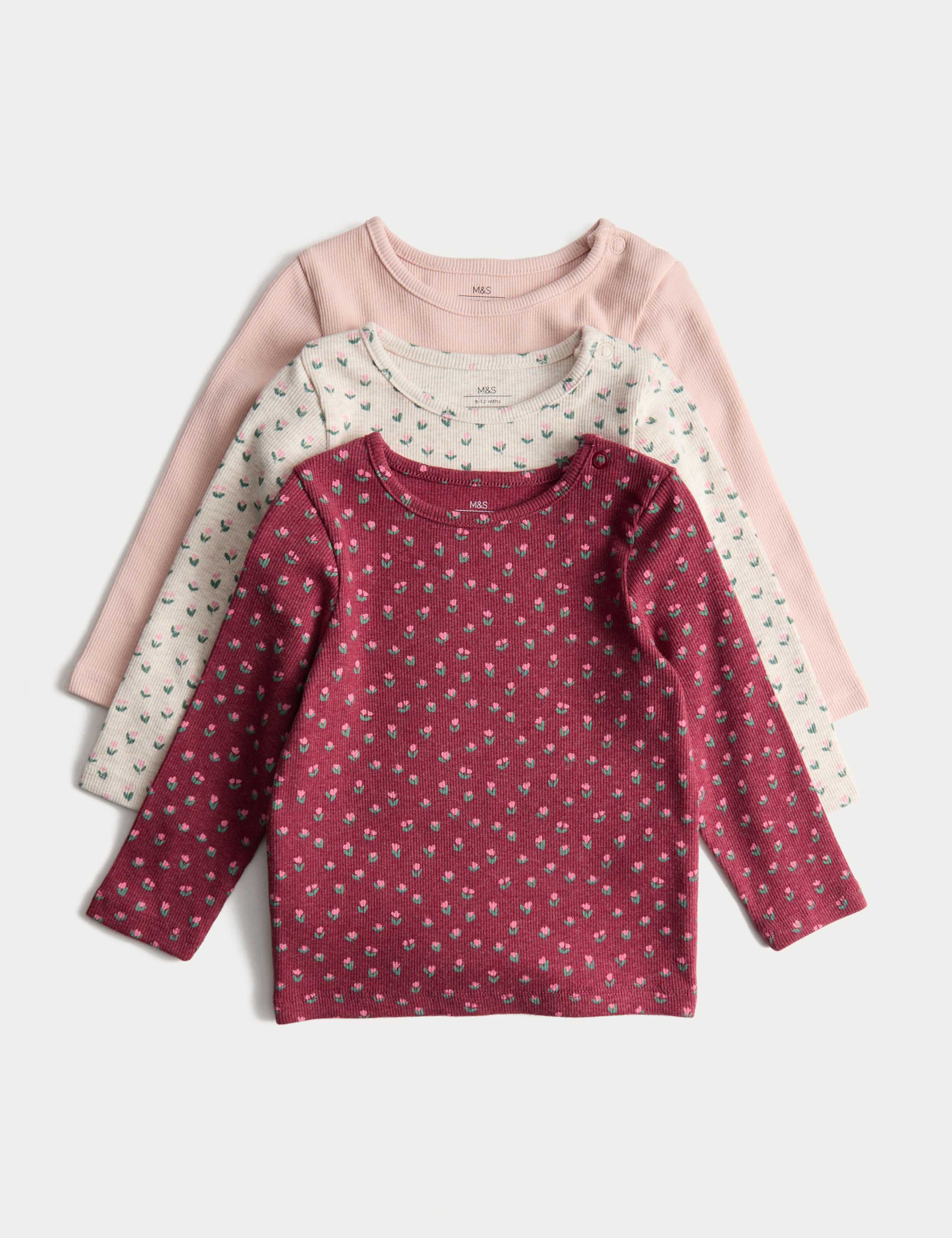 3pk Cotton Rich Floral Ribbed Long Sleeve Tops (0-6 Yrs) 1 of 2