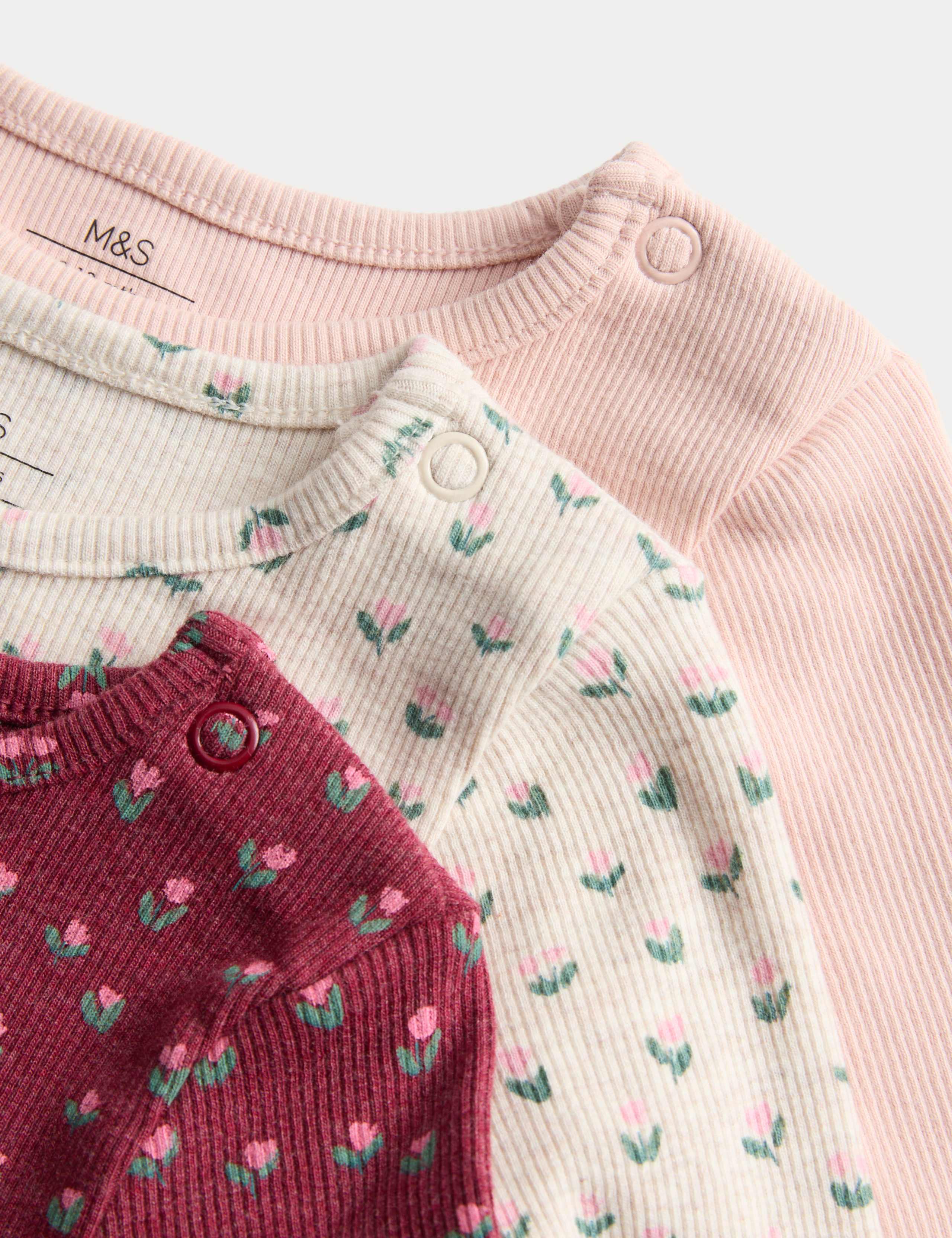 3pk Cotton Rich Floral Ribbed Long Sleeve Tops (0-6 Yrs) 2 of 2