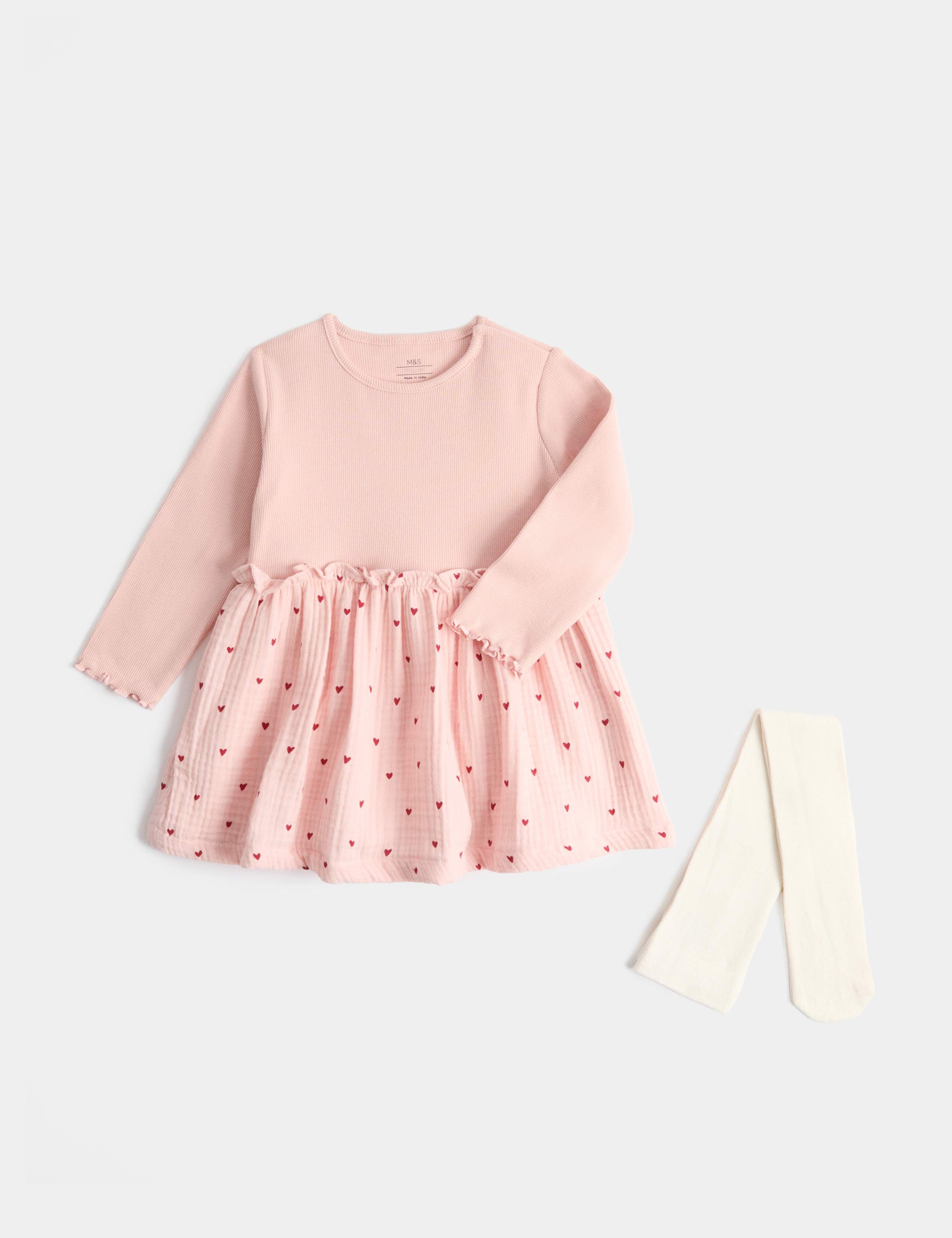 2pk Pure Cotton Heart Print Dress and Tights 1 of 3