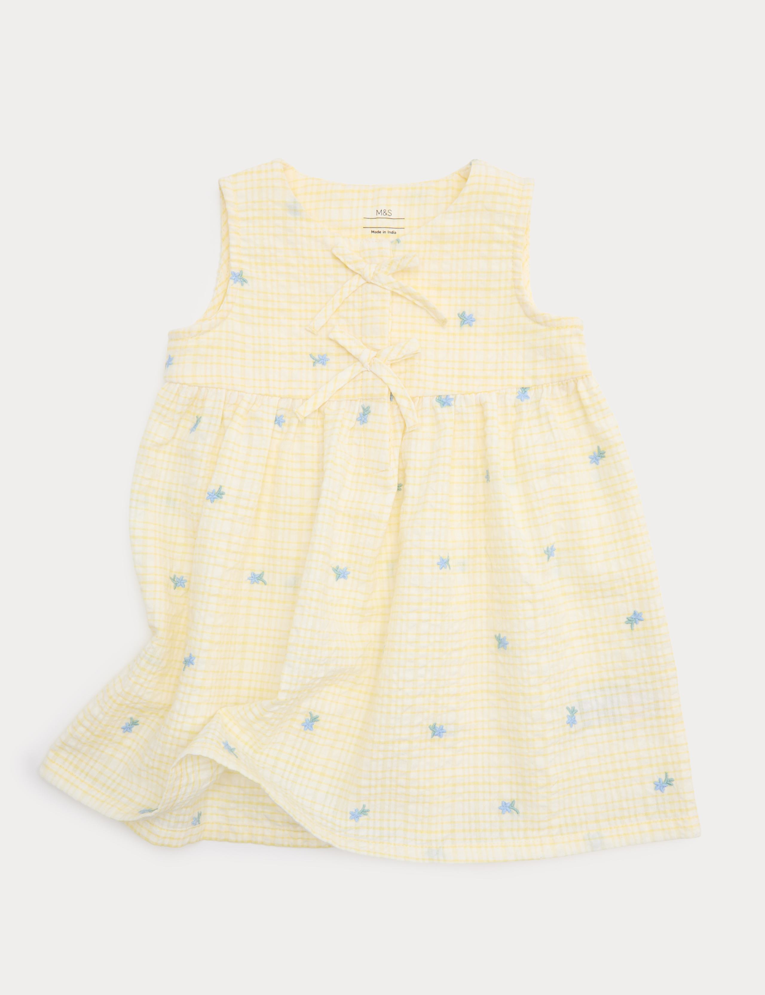 Pure Cotton Gingham Floral Dress with Bows (0-5 Yrs) 1 of 3