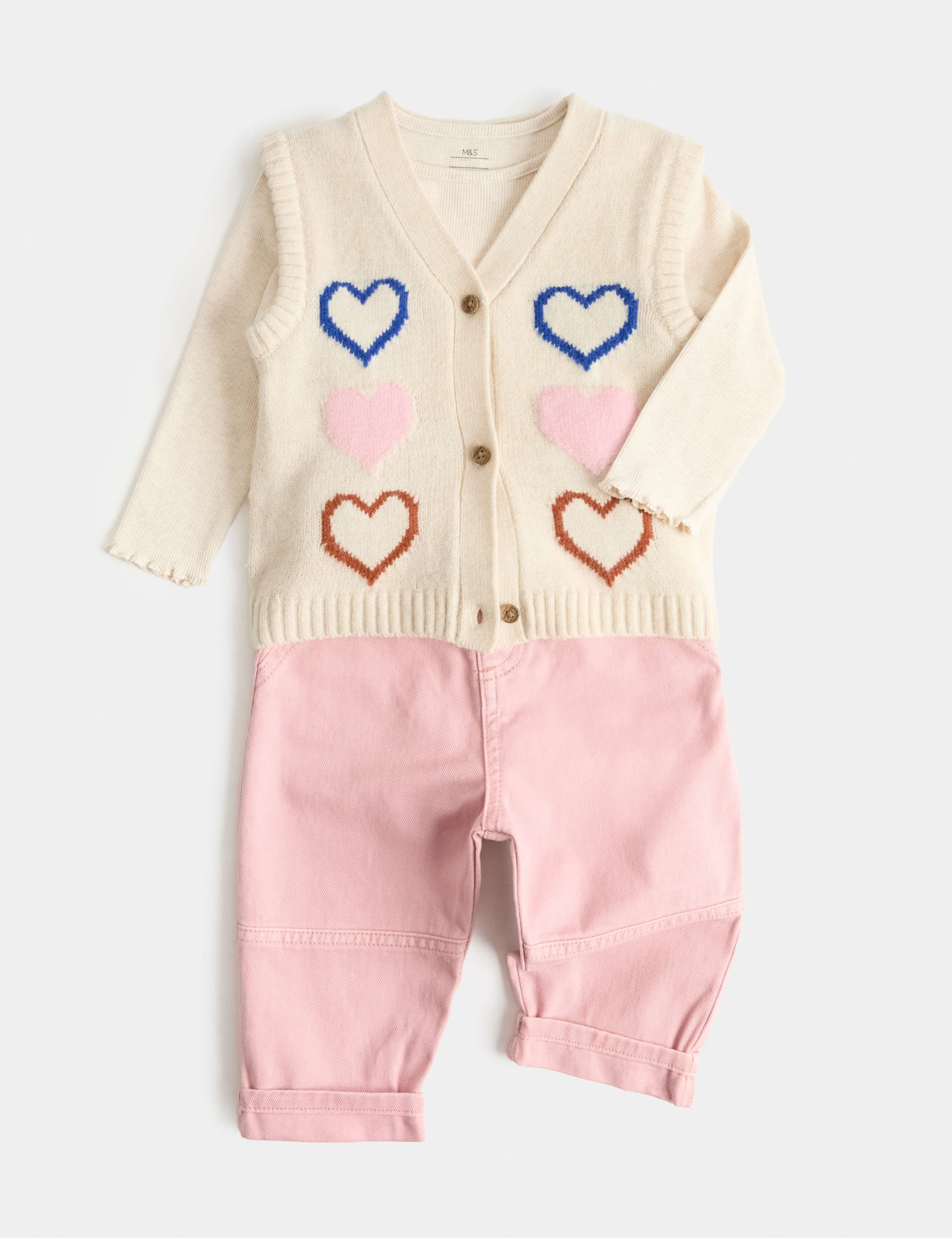 3 Piece Cotton Rich Heart Knitted Vest and Jeans Outfit (0 Mths-5 Yrs) 1 of 2