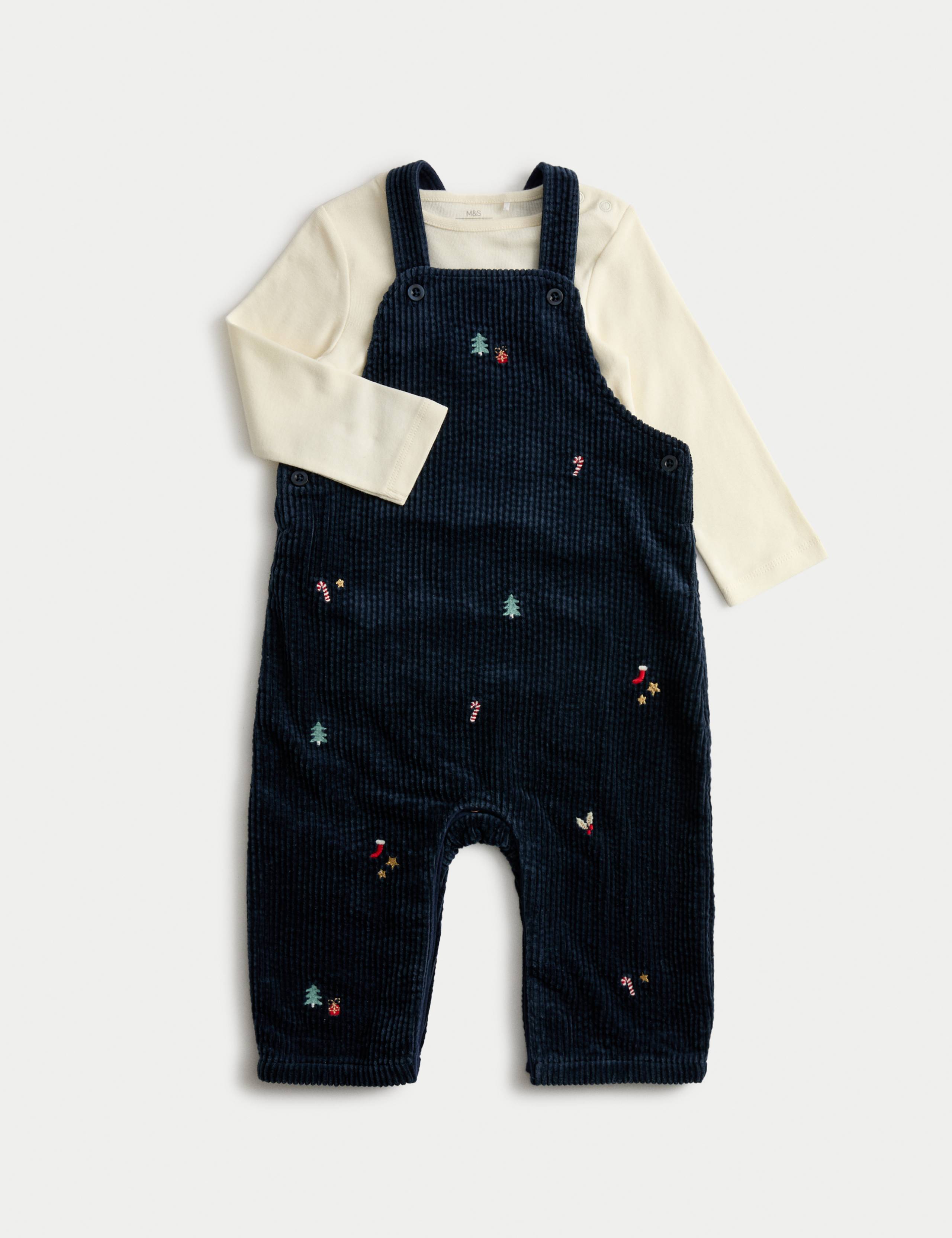 2pc Pure Cotton Christmas Dungaree Outfit (0-3 Yrs) 1 of 3