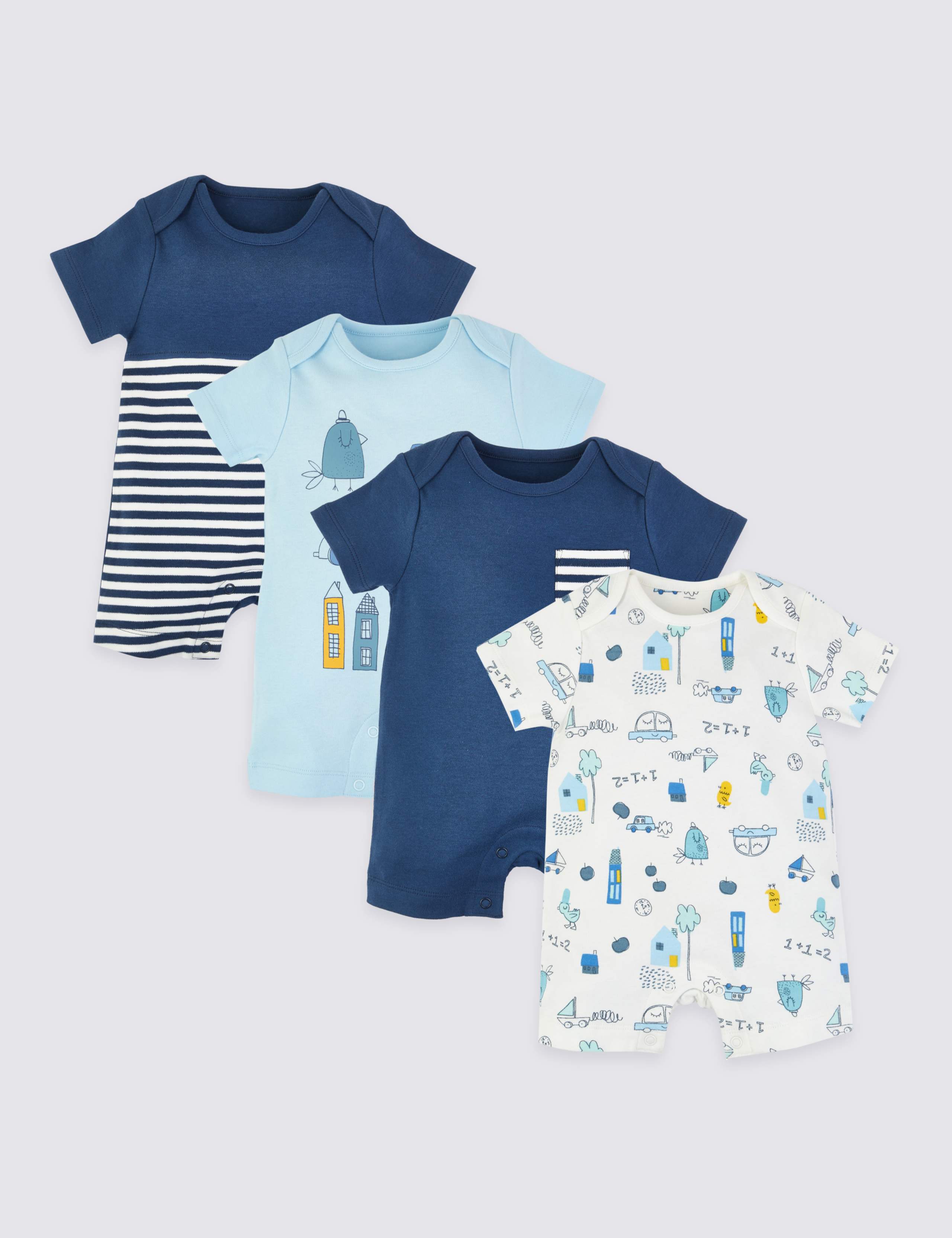 4 Pack Pure Cotton Rompers 1 of 7