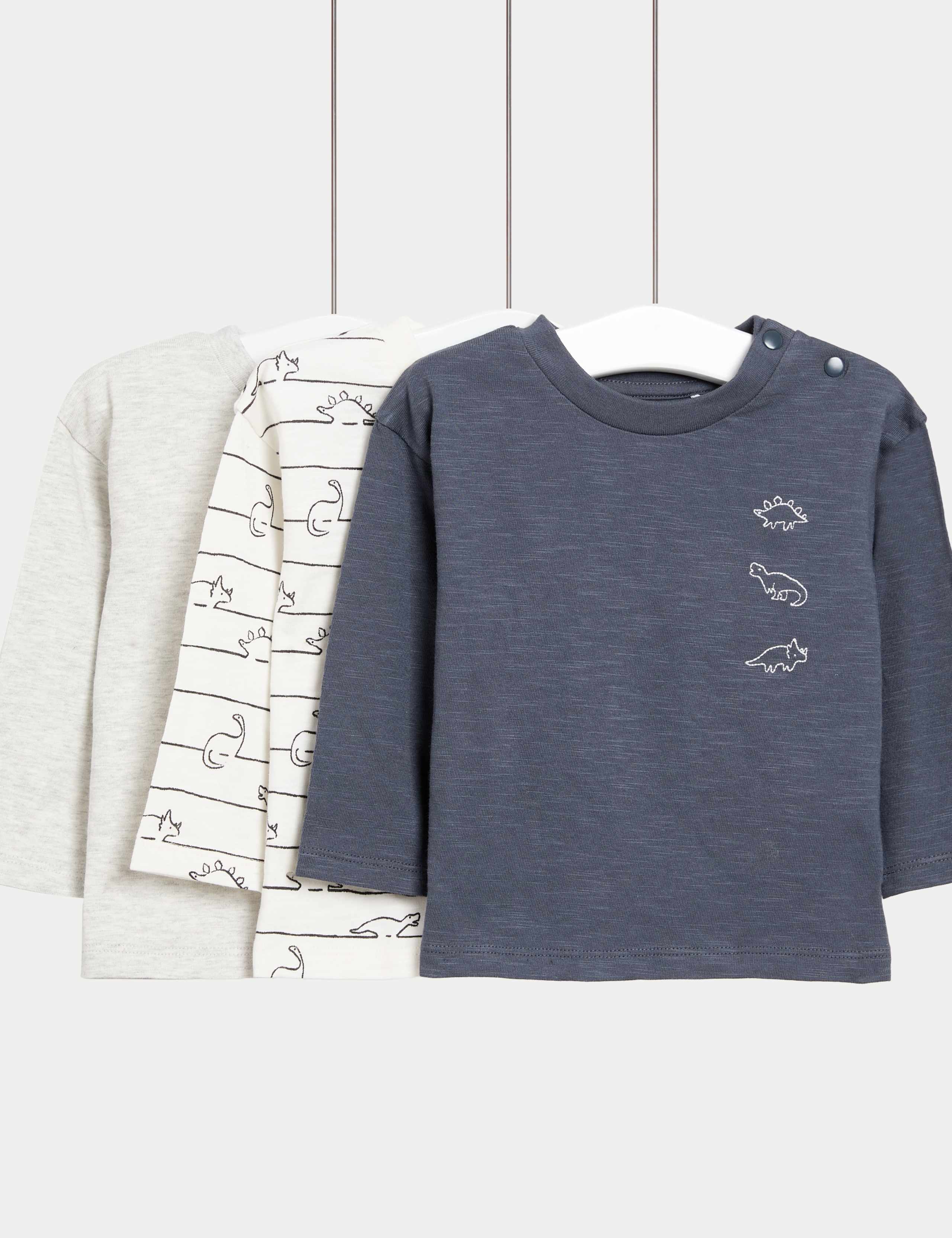 3 Pack Pure Cotton Dinosaur Long Sleeve T-Shirts (0-3 Yrs) 1 of 1