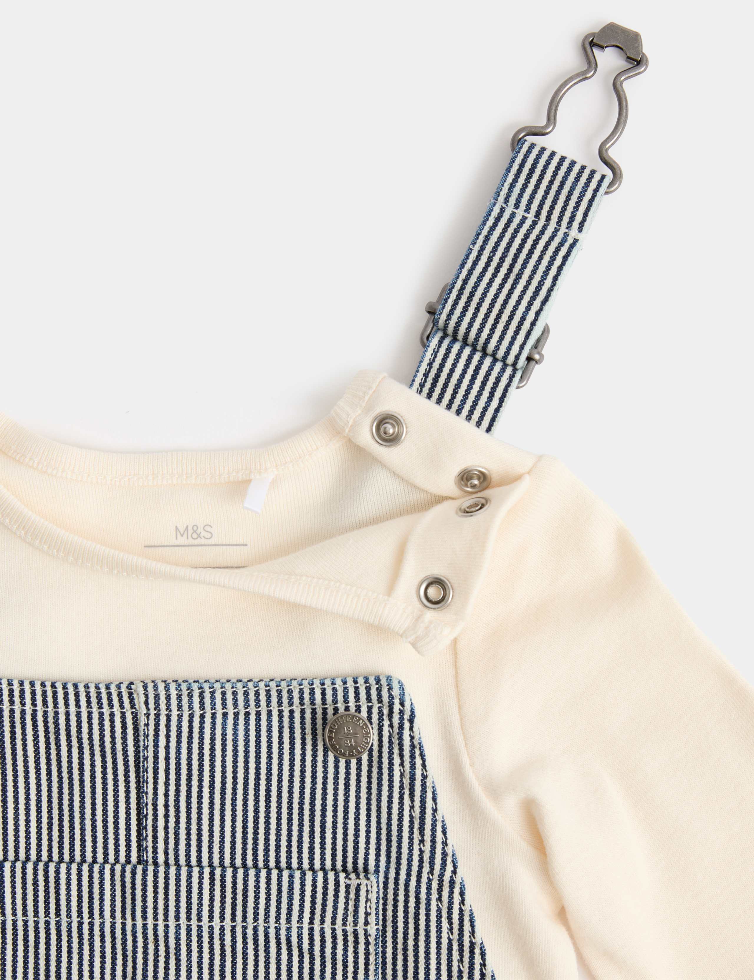 2 Piece Ticking Stripe Dungaree Outfit (0-3 Yrs) 2 of 3