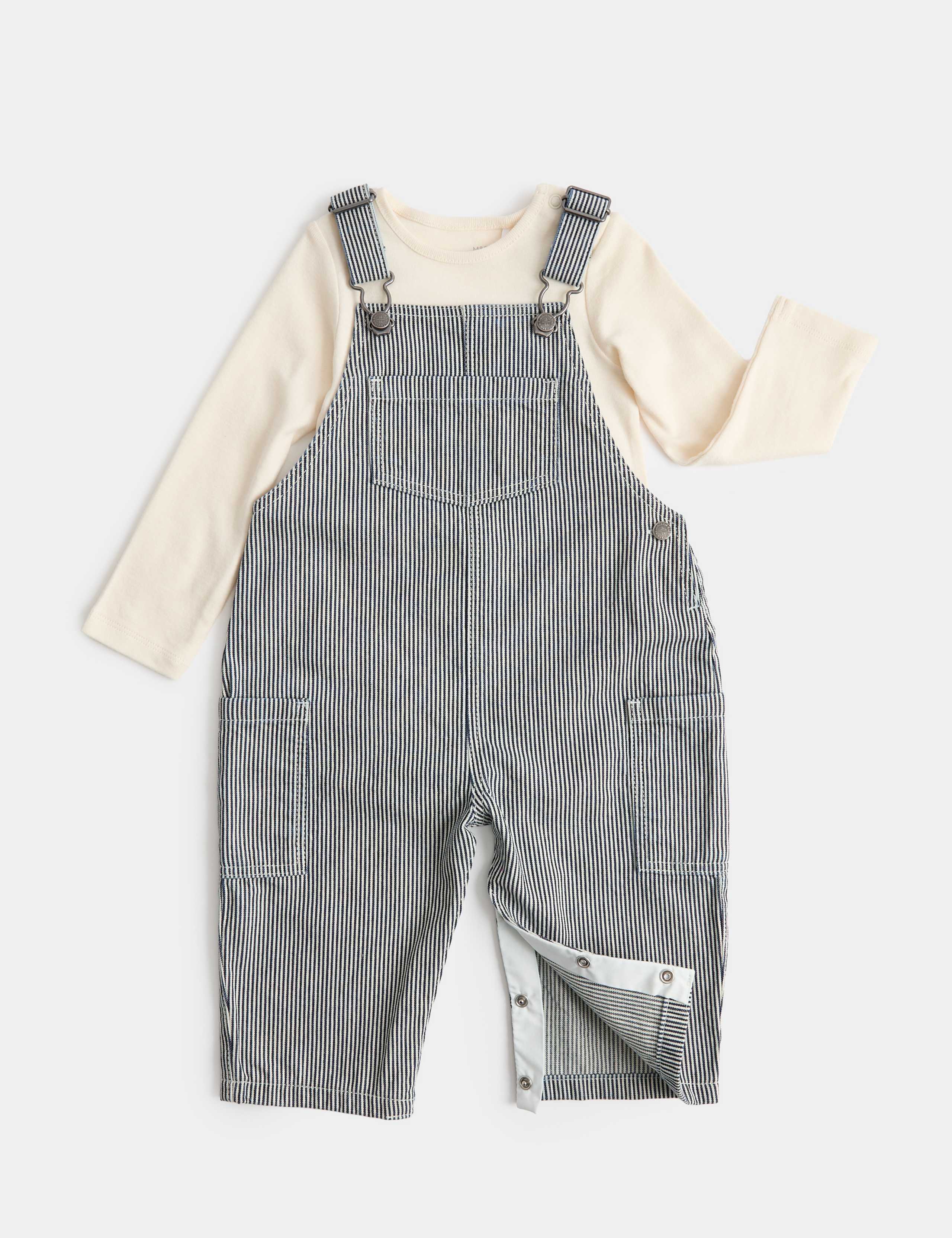 2 Piece Ticking Stripe Dungaree Outfit (0-3 Yrs) 1 of 3