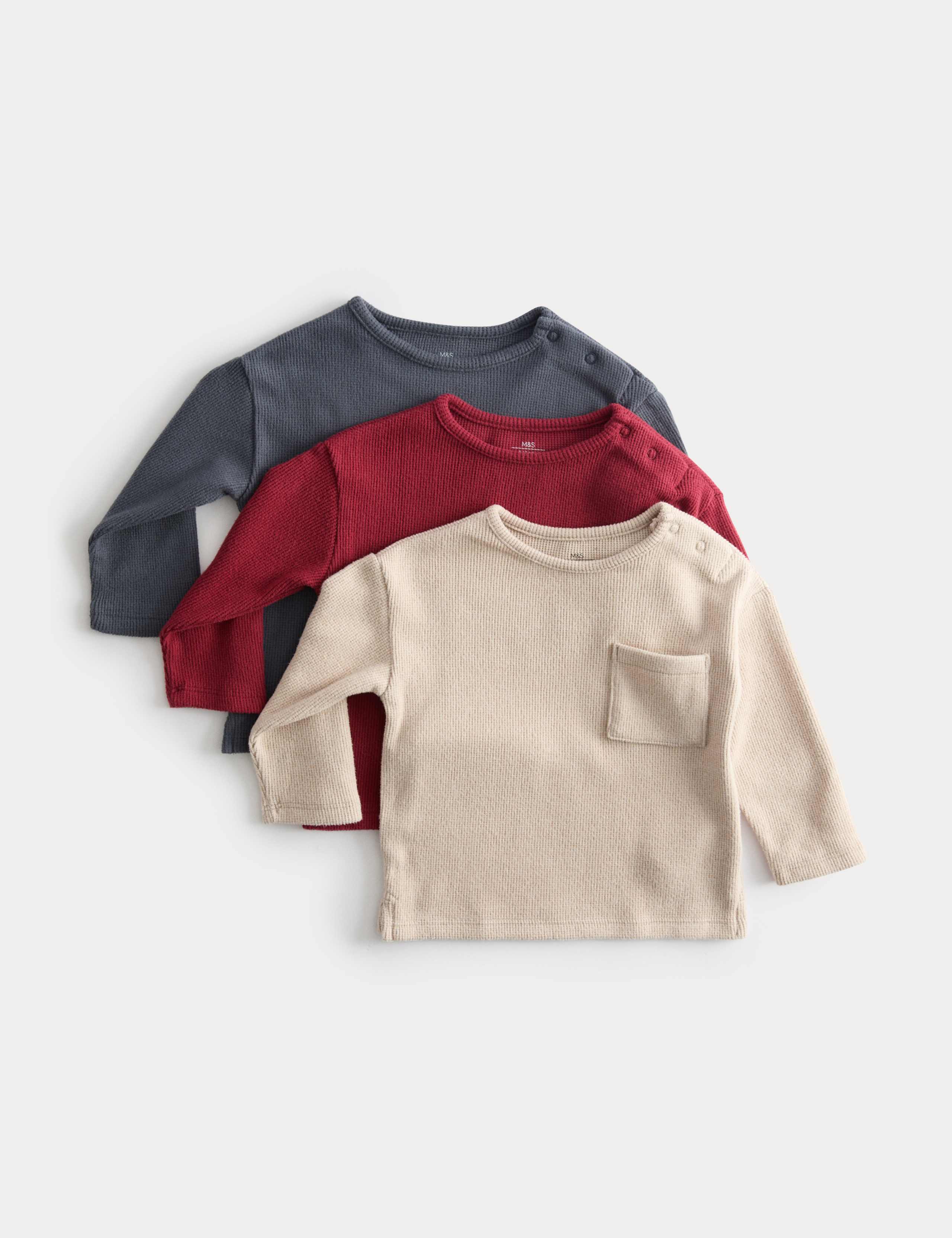 3pk Brushed Waffle Long Sleeve Tops (0-3 Yrs) 1 of 3