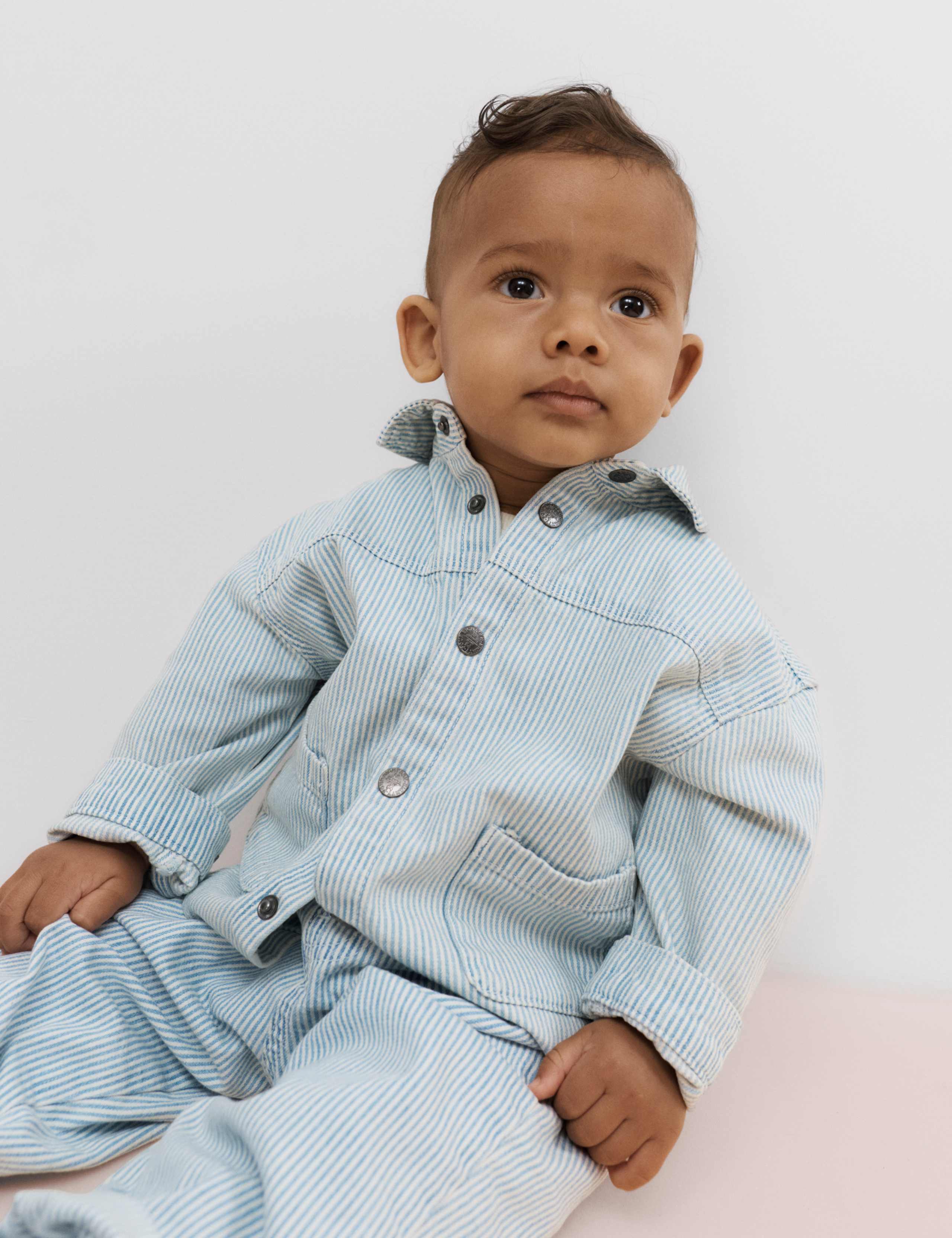 3 Piece Pure Cotton Blue Ticking Striped Outfit (0-3 Yrs) 1 of 7