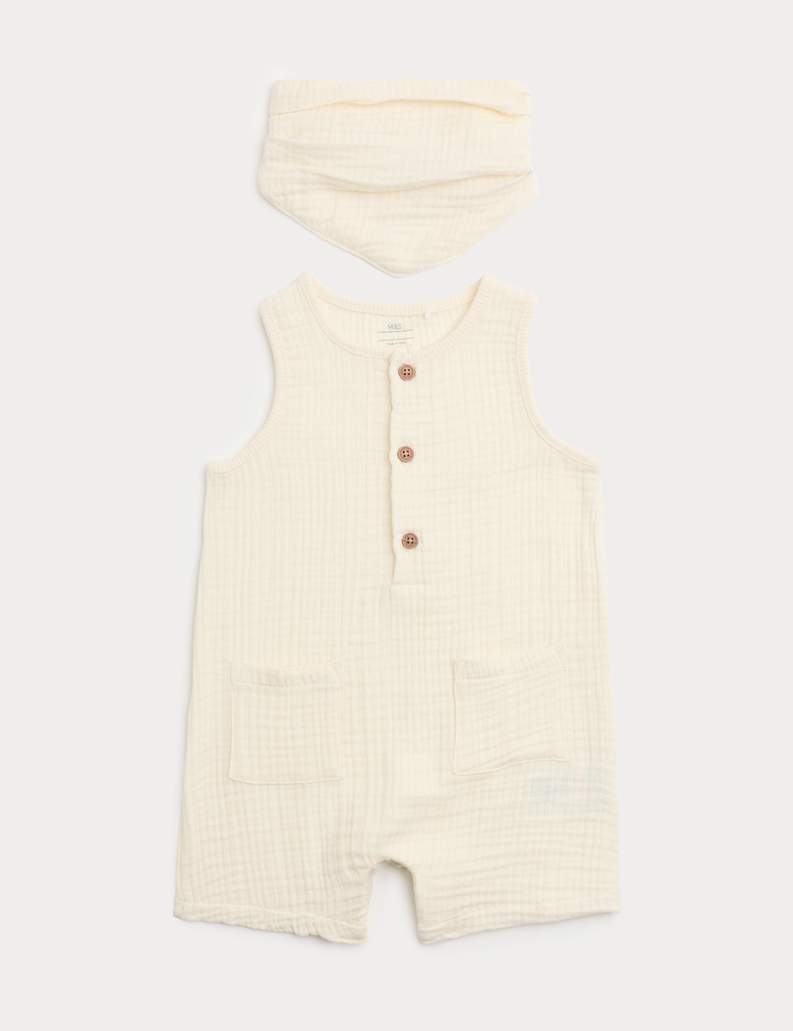 Pure Cotton Romper with Bib (0-3 Yrs) 1 of 2