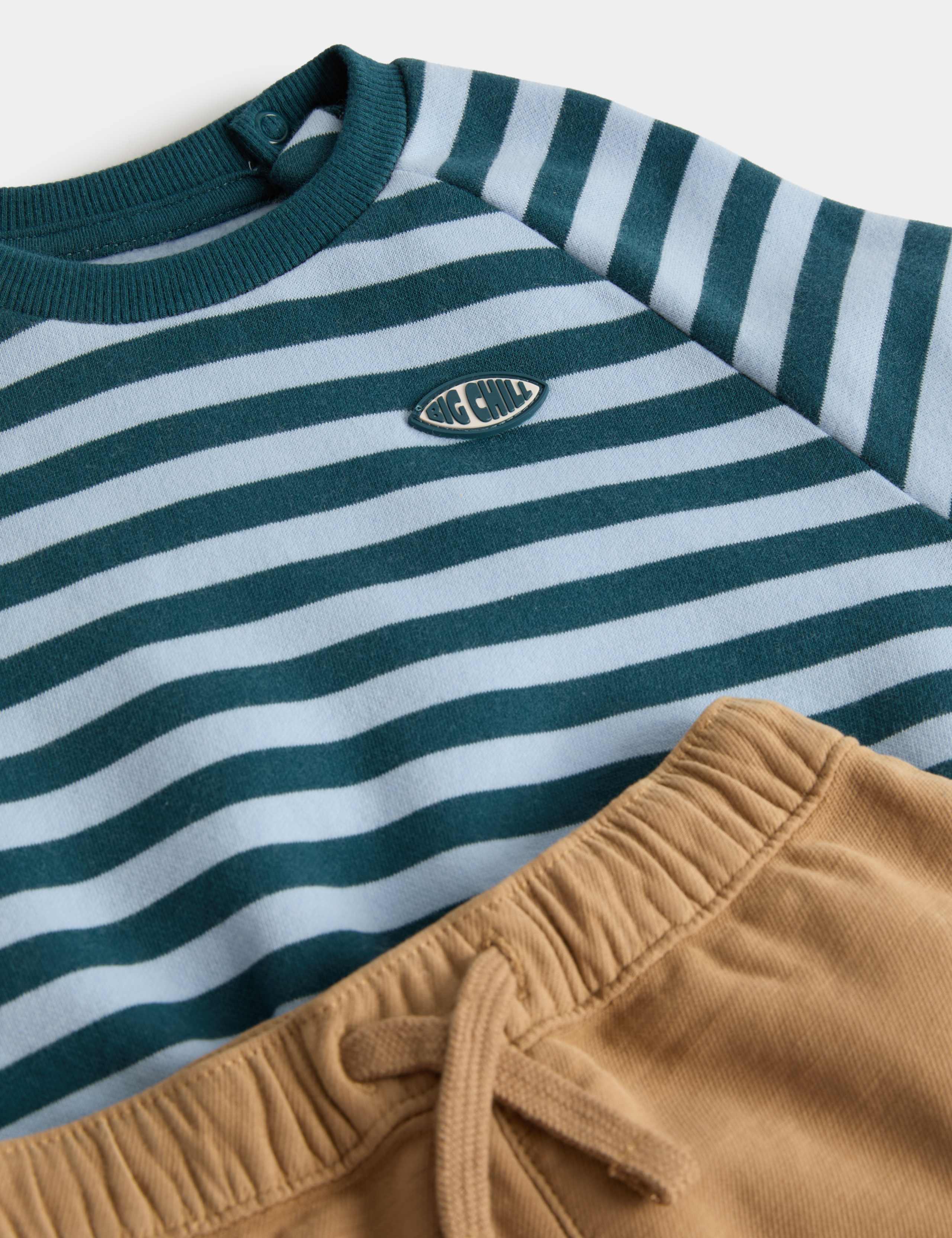 Cotton Rich Striped Slogan Sweatshirt with Chinos Outfit (0 Mths-5 Yrs) 2 of 2