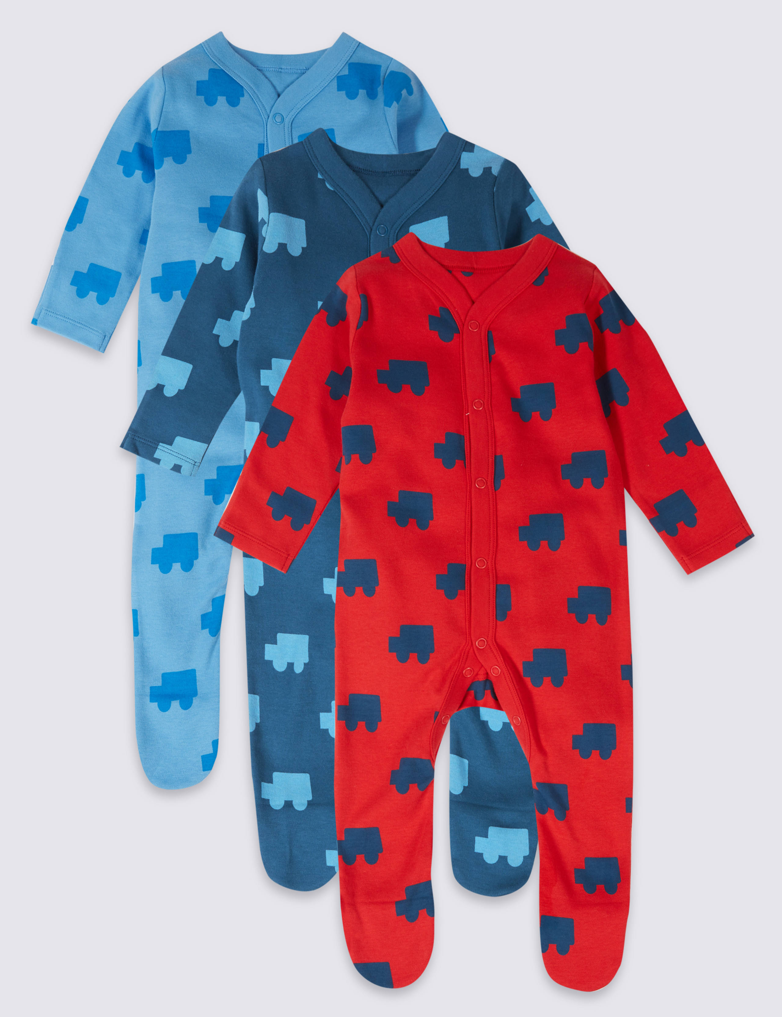3 Pack Car Print Pure Cotton Sleepsuits 1 of 8