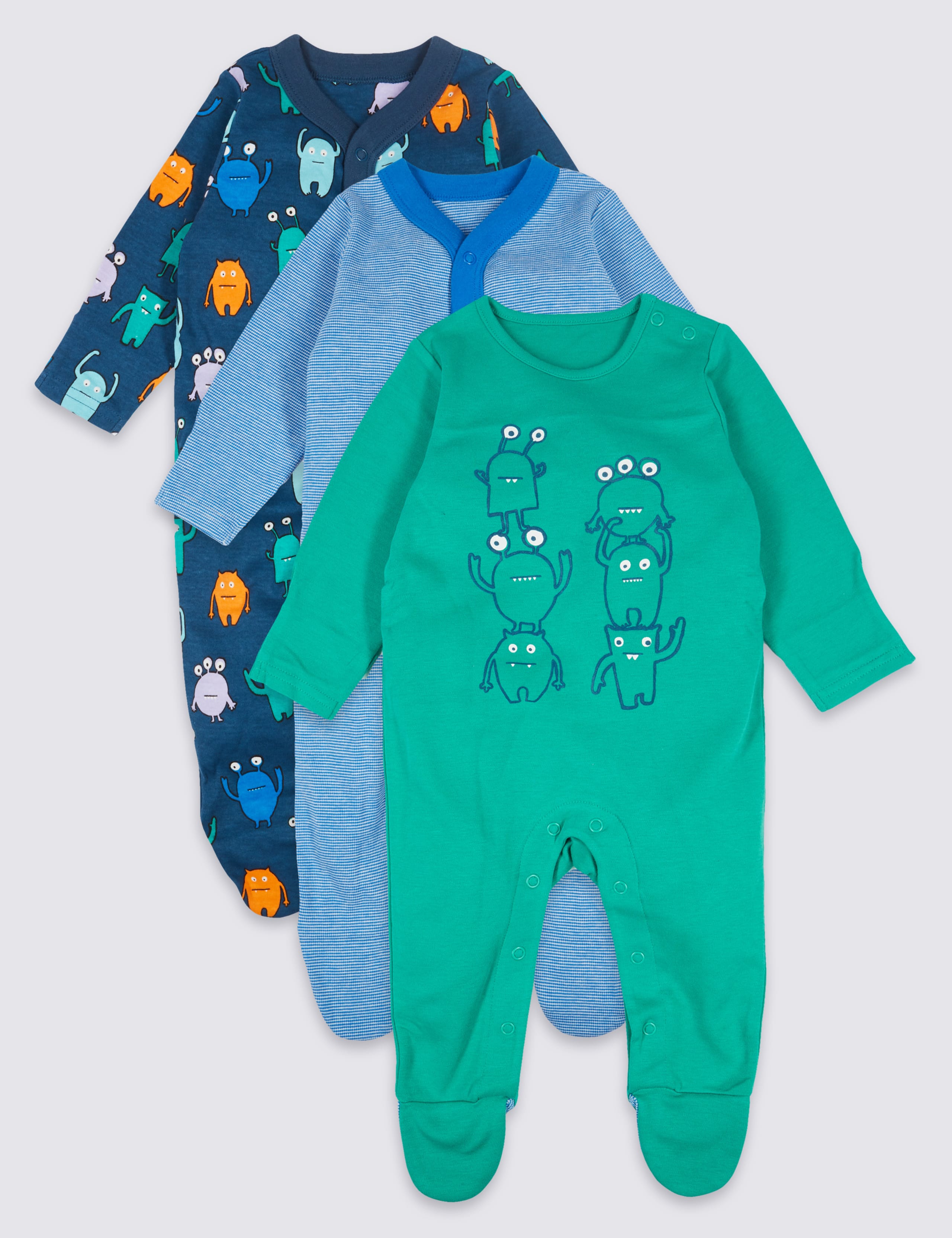 3 Pack Monster Print Pure Cotton Sleepsuits 1 of 9