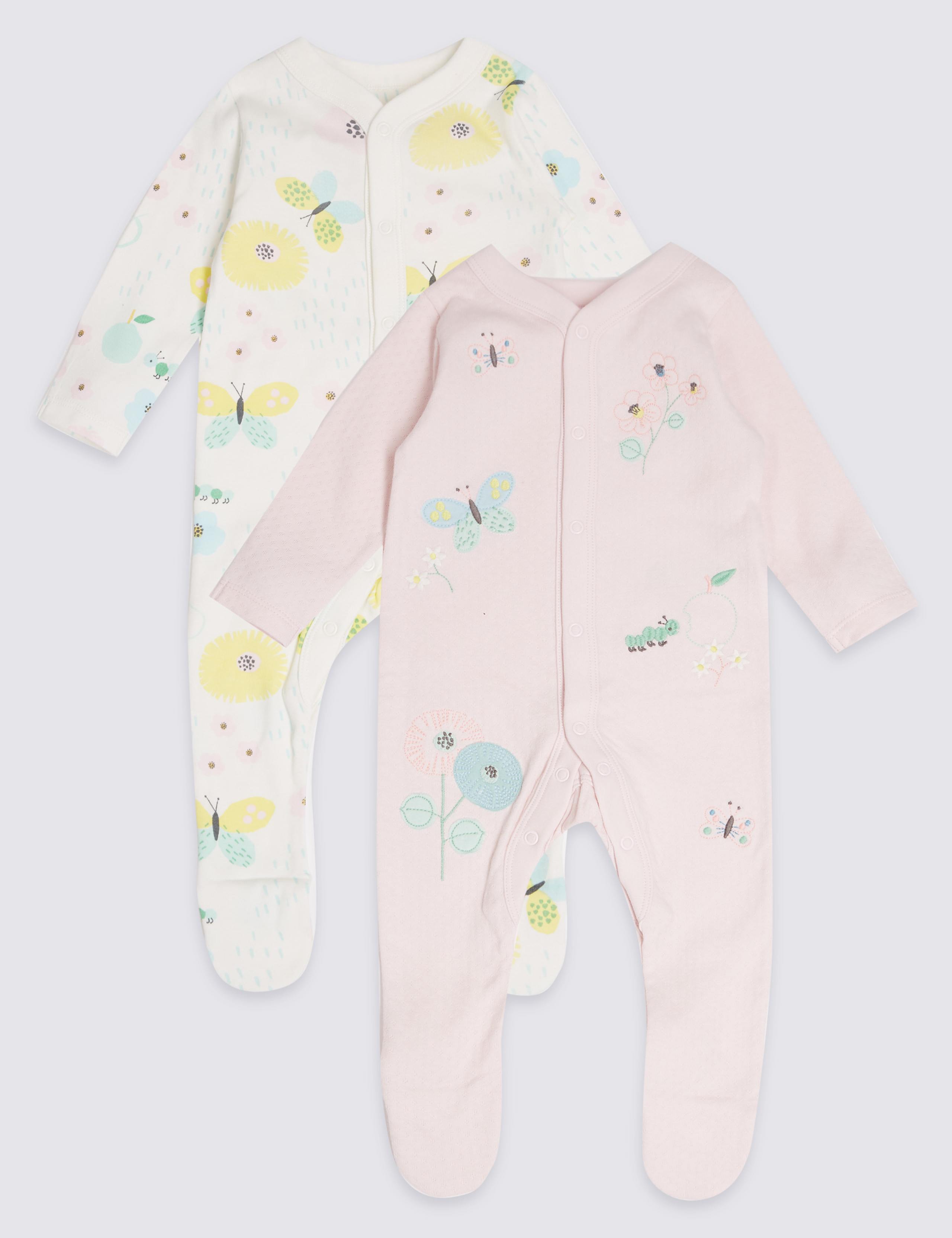 2 Pack Pure Cotton Applique Butterfly Sleepsuits 1 of 6