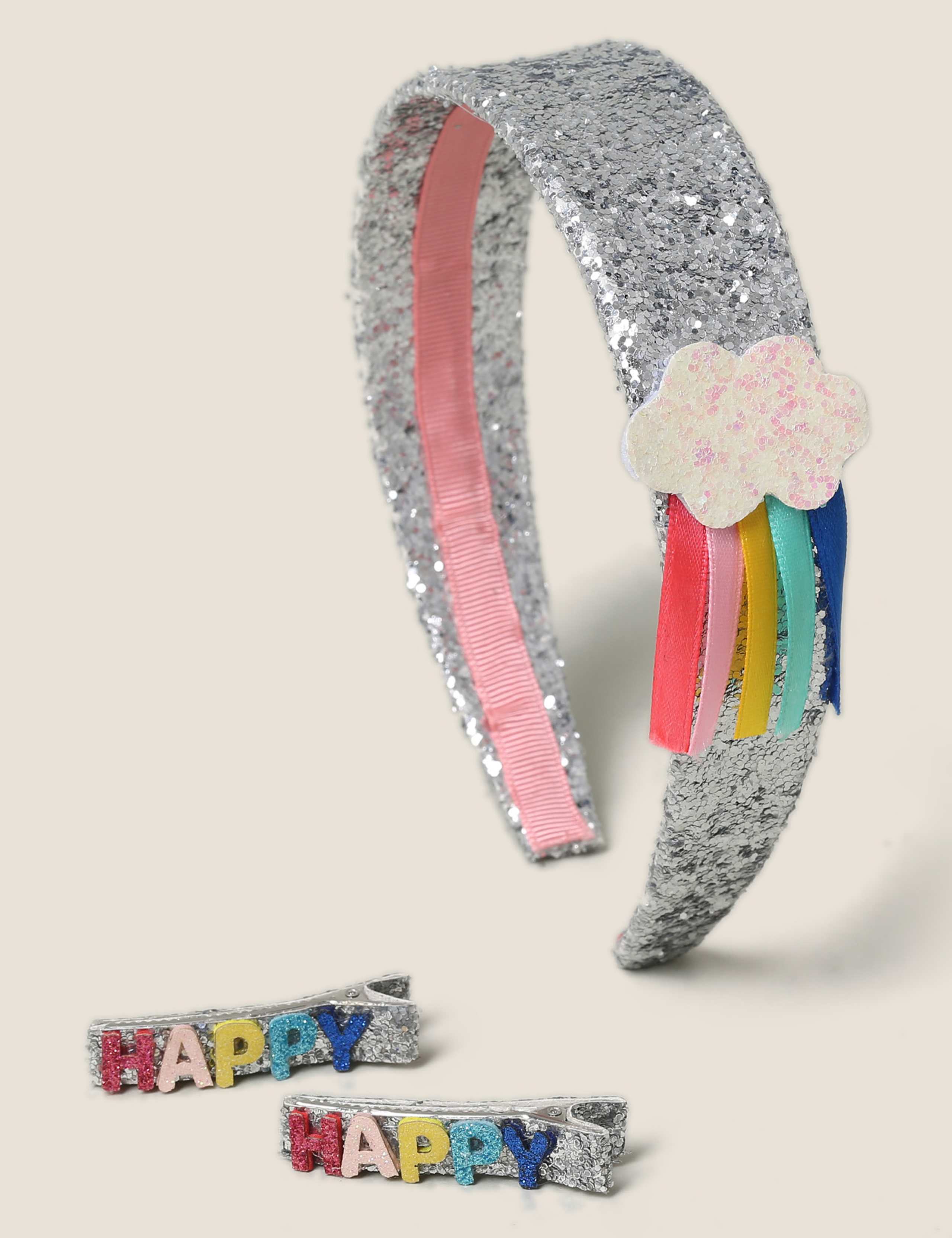 Kids' Glitter Cloud Motif HeadBand & 2 Pack Glitter Happy Hair Clips Set 1 of 4