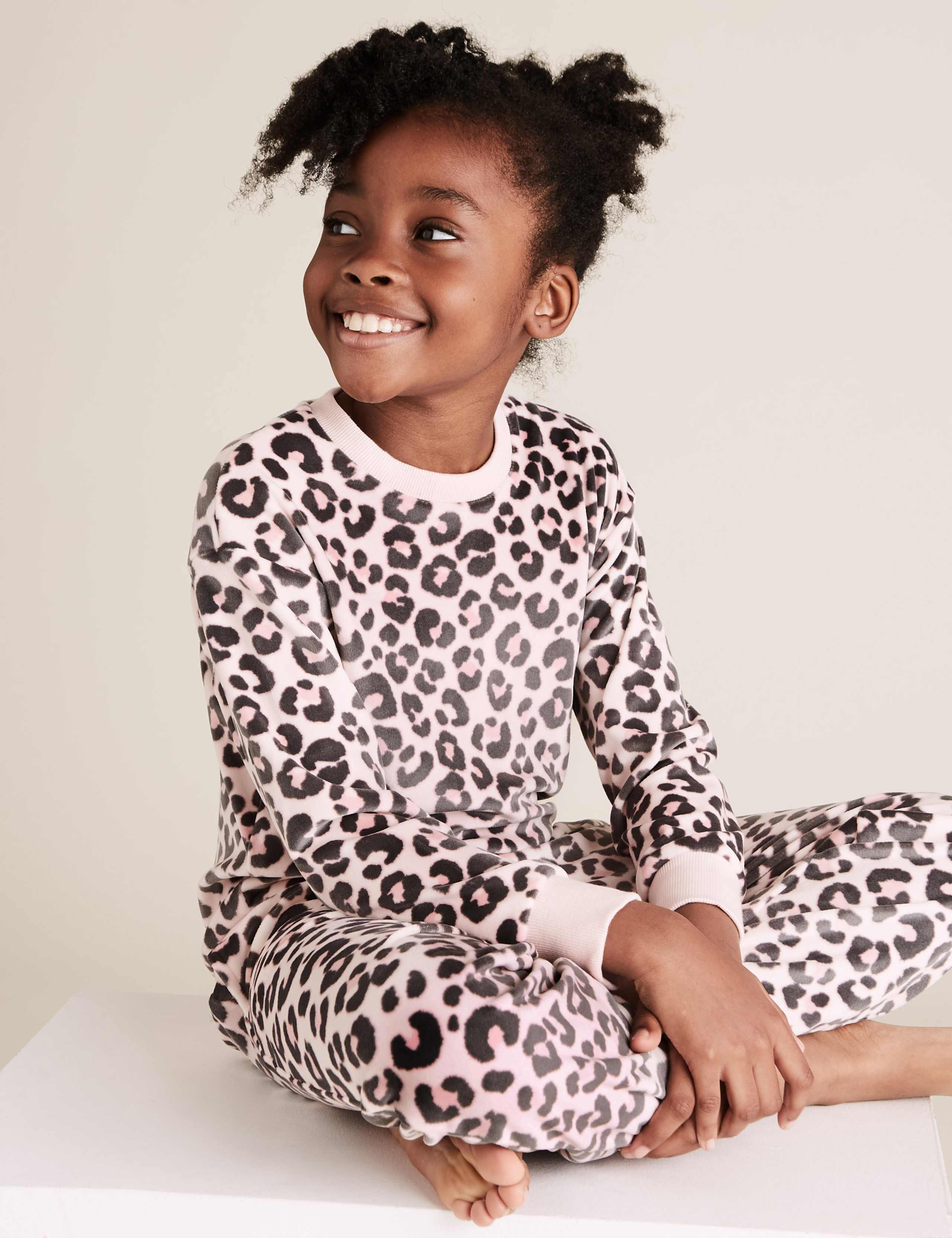 Leopard Print Velour Lounge Pyjama Set (6-16 Yrs) M&S IE