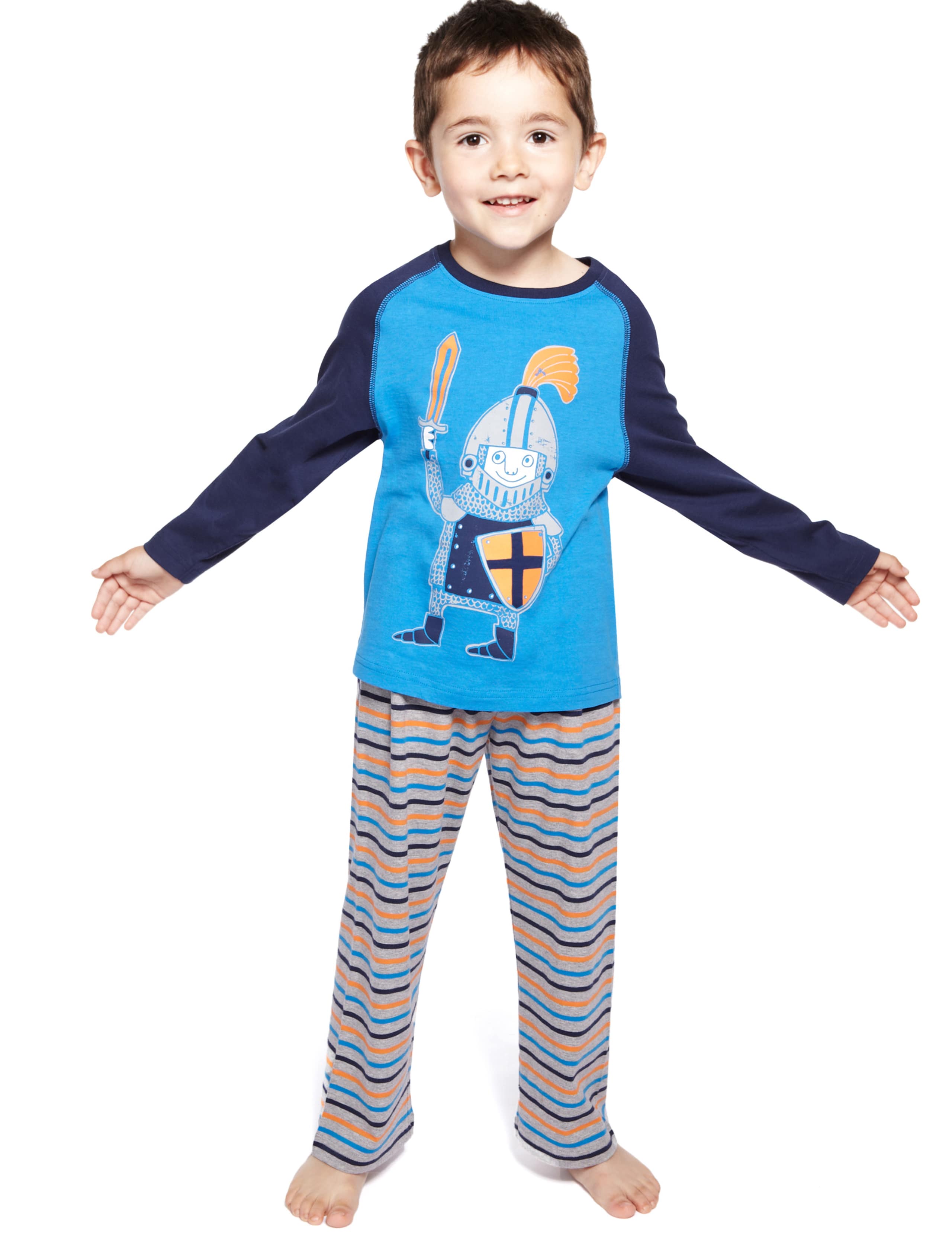 Cotton Rich Raglan Sleeve Knight & Striped Pyjamas 1 of 5