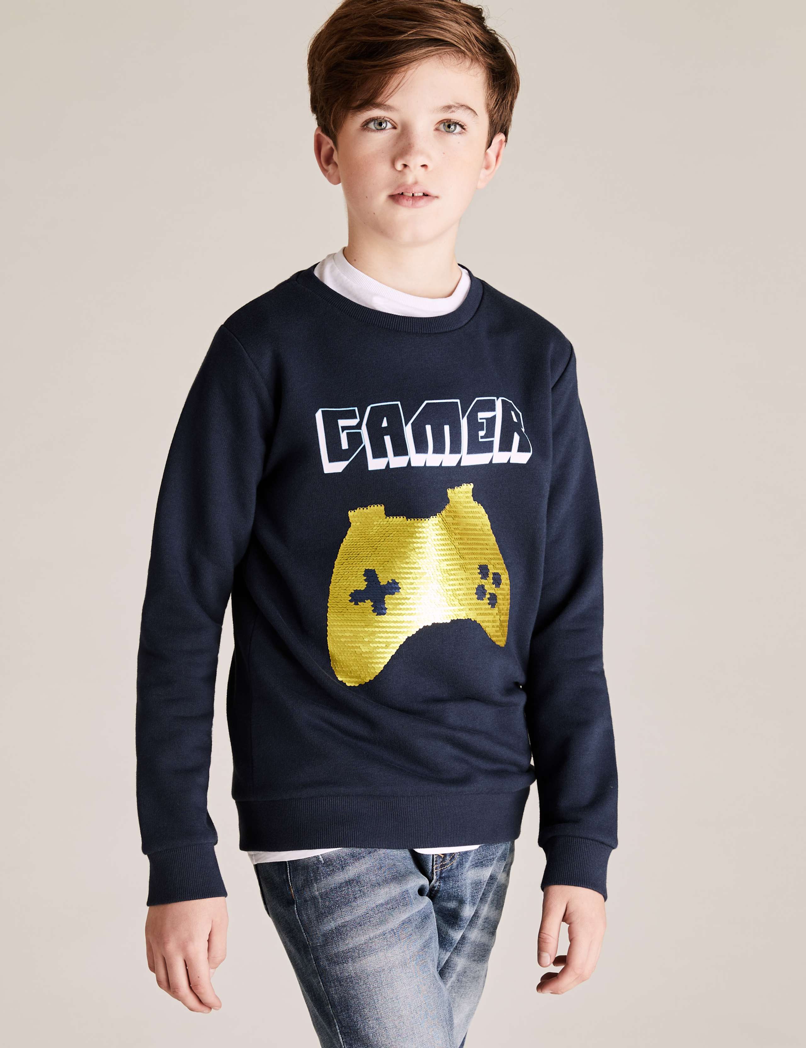 Cotton Sequin Gamer Sweatshirt (6-14 Yrs) 1 of 6