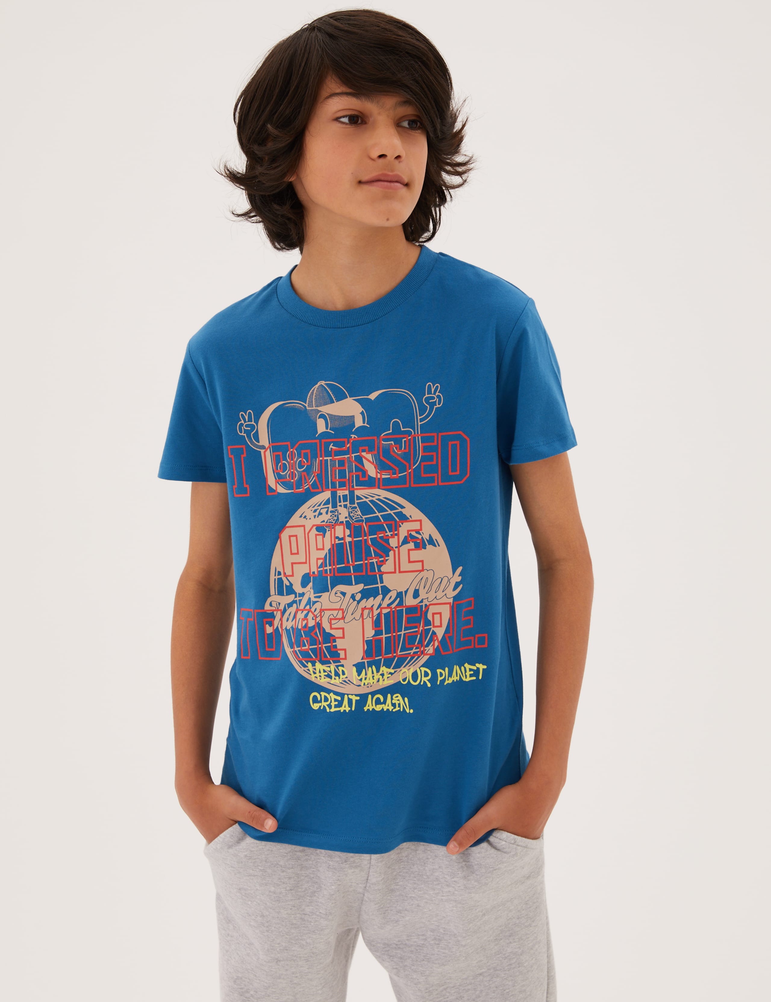 Pure Cotton Press Pause Slogan T-Shirt (6-16 Yrs) 1 of 4