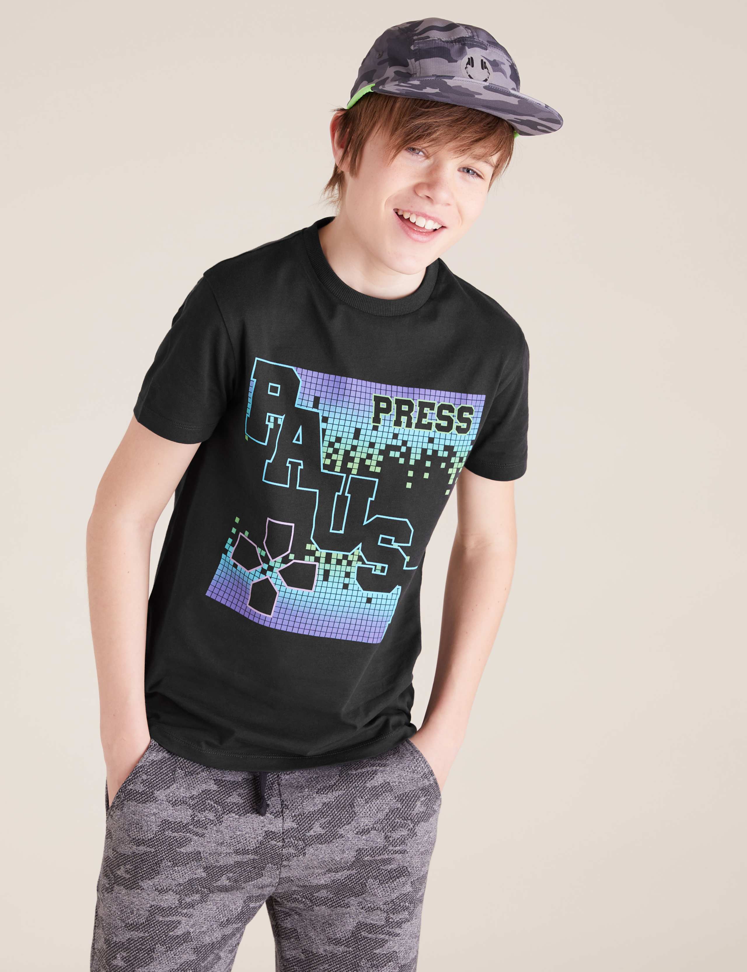 Pure Cotton Press Pause Slogan T-Shirt (6-16 Yrs) 1 of 4