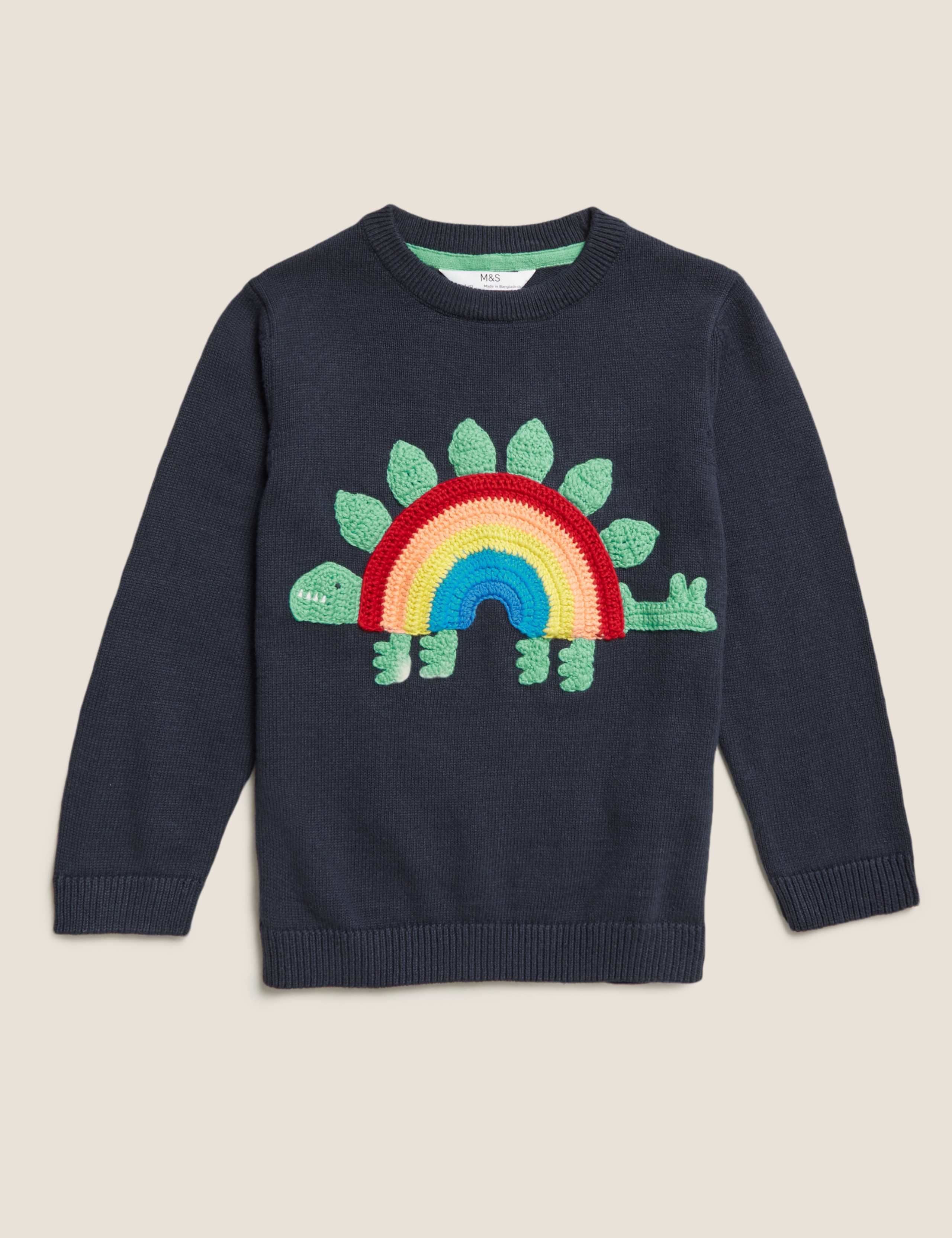 Pure Cotton Knitted Dinosaur Rainbow Jumper (2-7 Yrs) 2 of 4