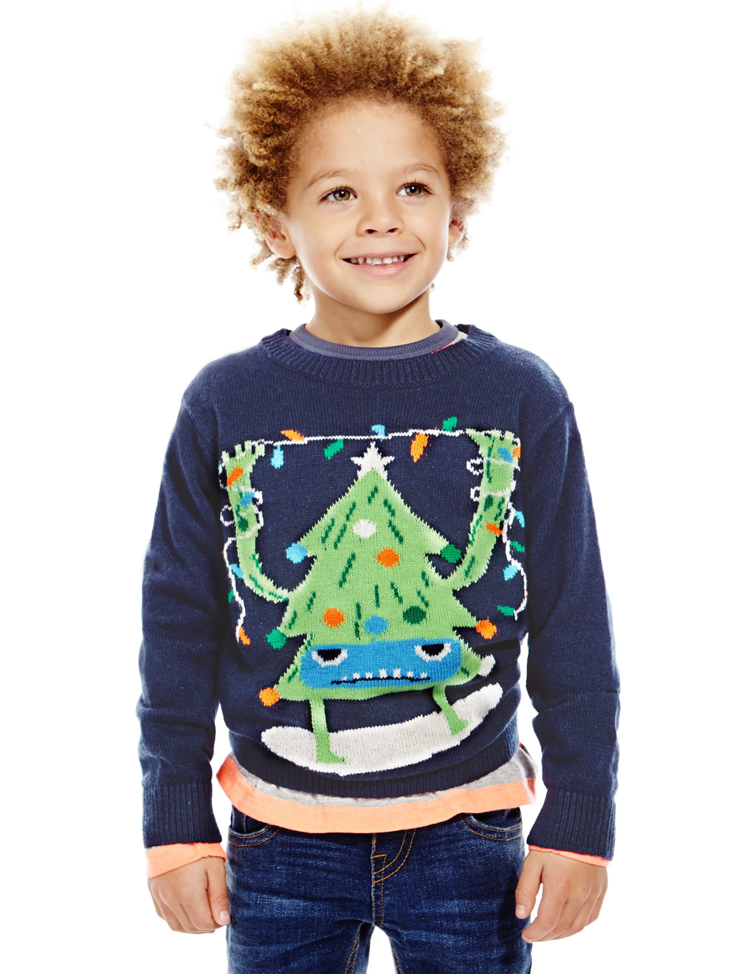 Christmas Tree Print Jumper with Wool (1-7 Years) 1 of 3