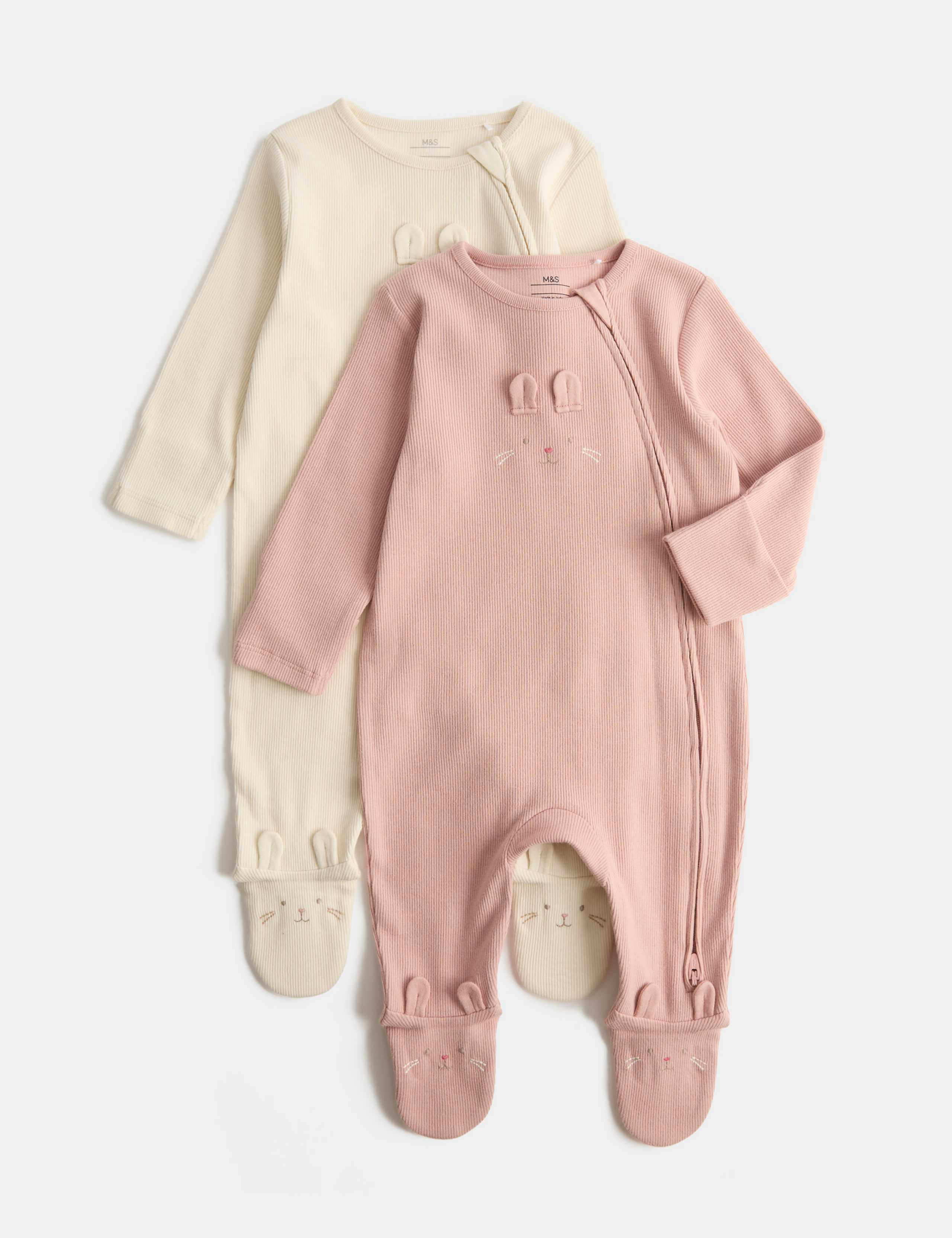 2 Pack Cotton Rich Bunny Sleepsuits (0-3 Yrs) 1 of 3