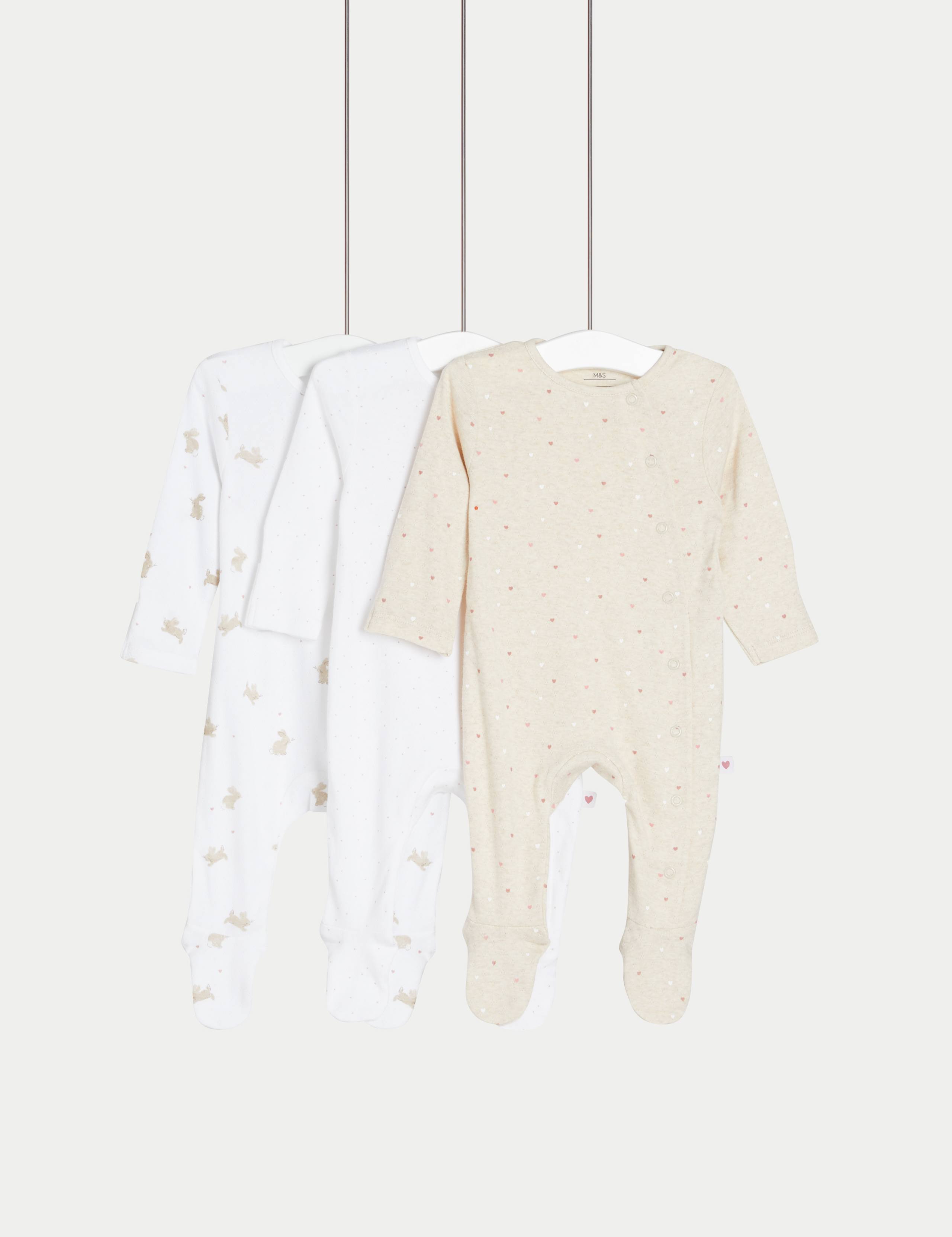 3pk Pure Cotton Bunny Sleepsuits (6½lbs-3 Yrs) 1 of 2