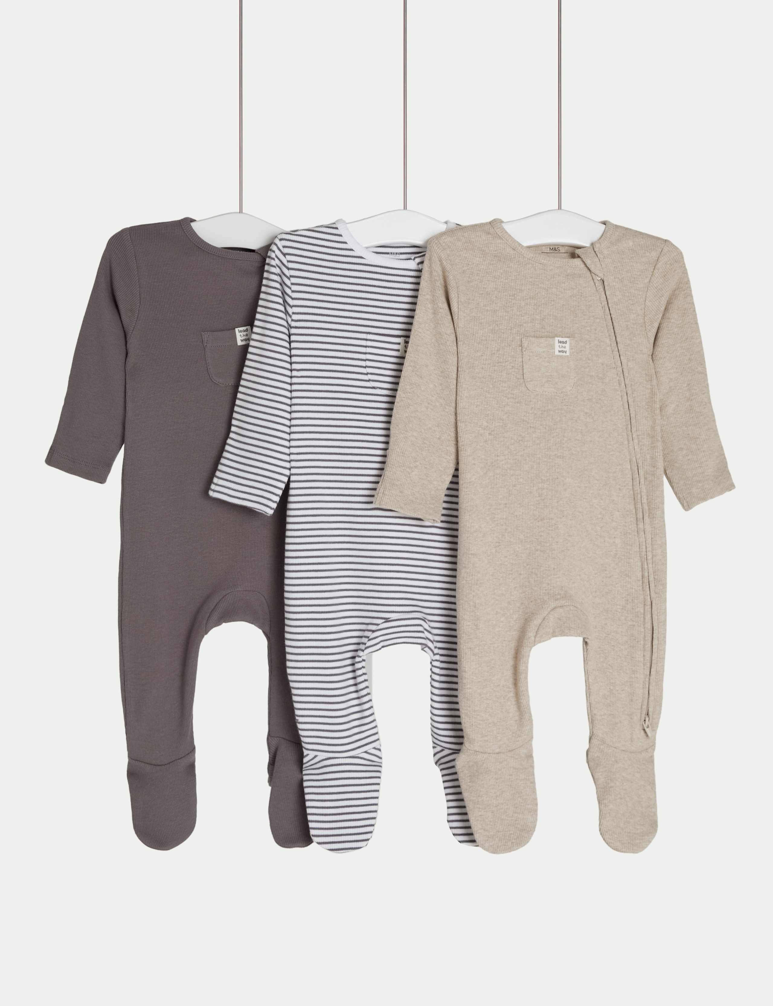 3 Pack Cotton Rich Striped & Plain Sleepsuits (0-3 Yrs) 1 of 6