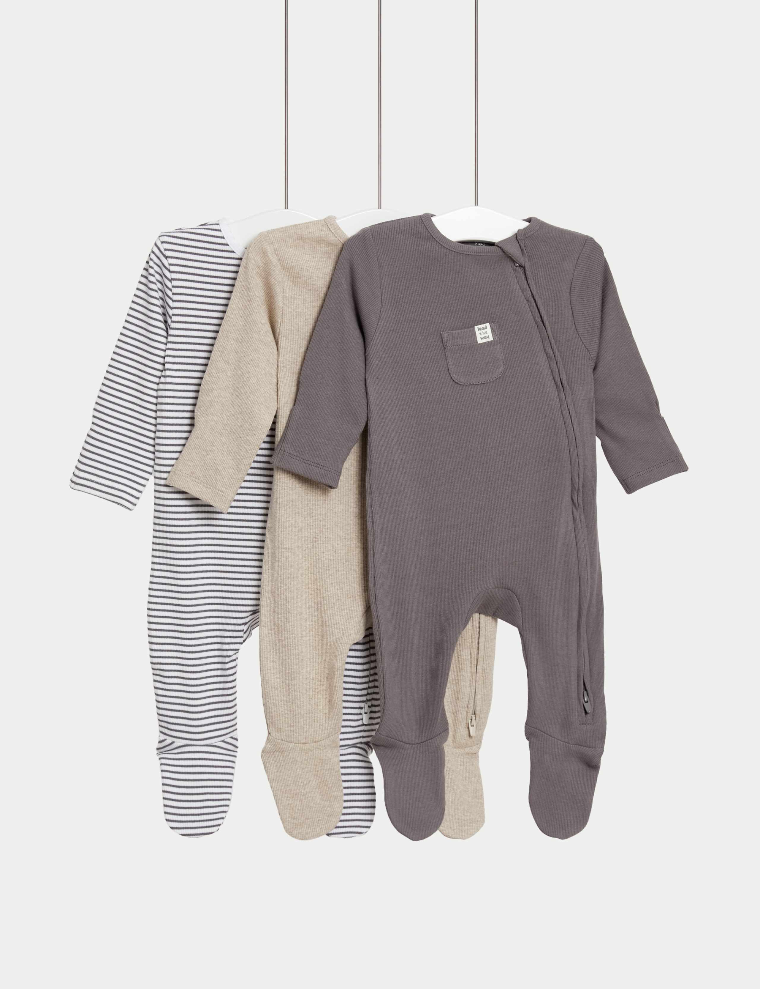 3 Pack Cotton Rich Striped & Plain Sleepsuits (0-3 Yrs) 2 of 6