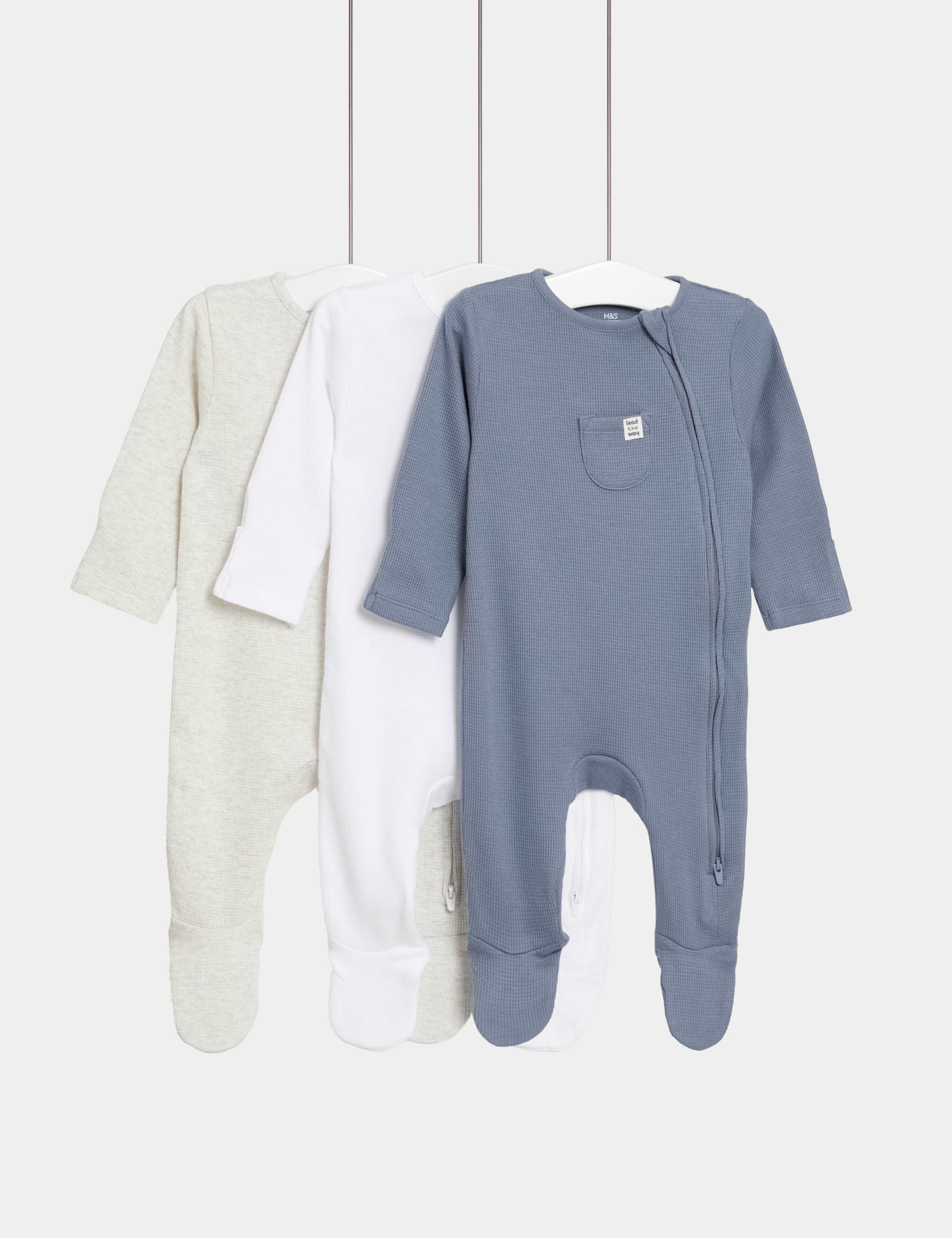 3 Pack Cotton Rich Striped & Plain Sleepsuits (0-3 Yrs) 1 of 2