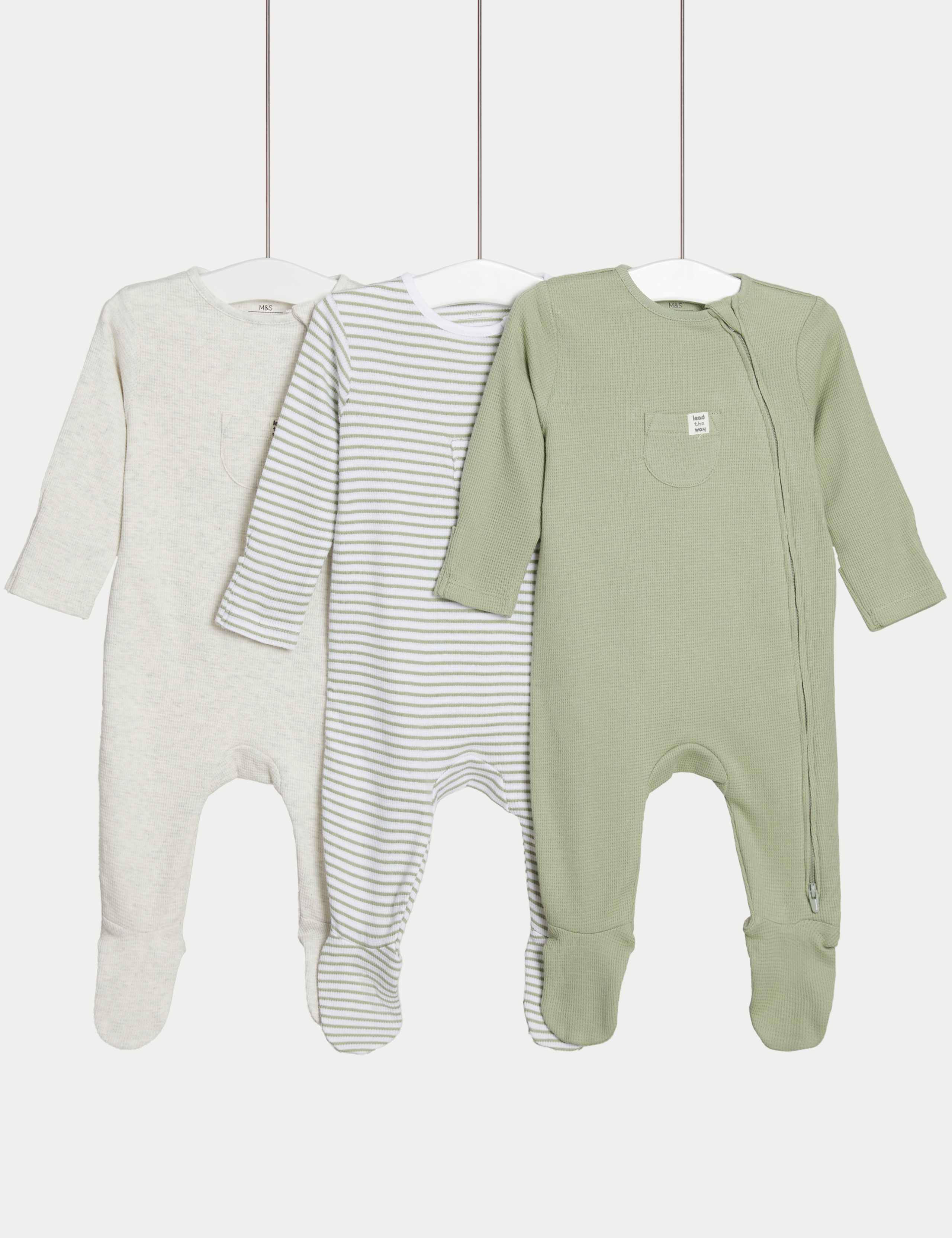 3pk Cotton Rich Striped & Plain Sleepsuits (0-3 Yrs) 1 of 2