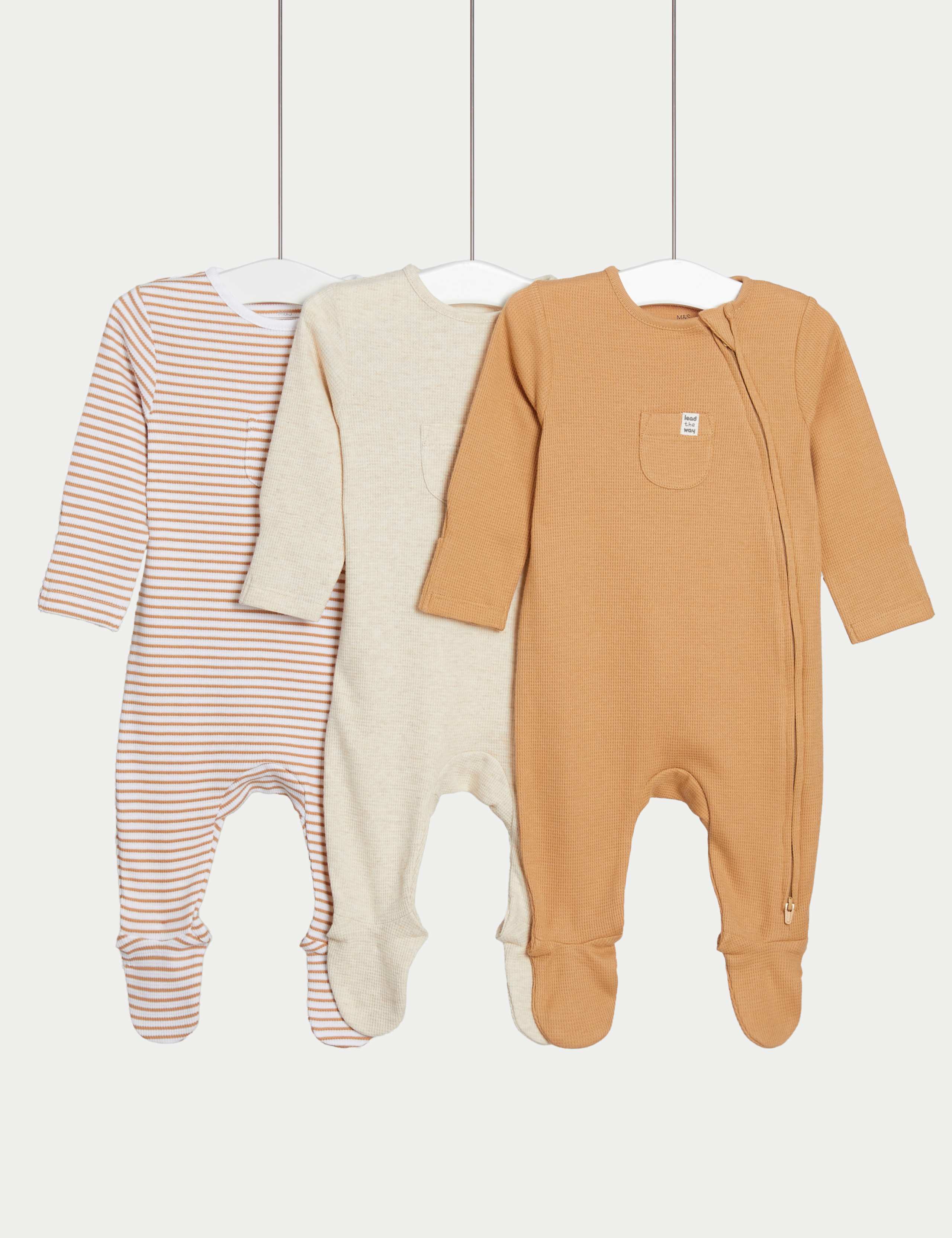3pk Cotton Rich Striped & Plain Sleepsuits (0-3 Yrs) 1 of 3