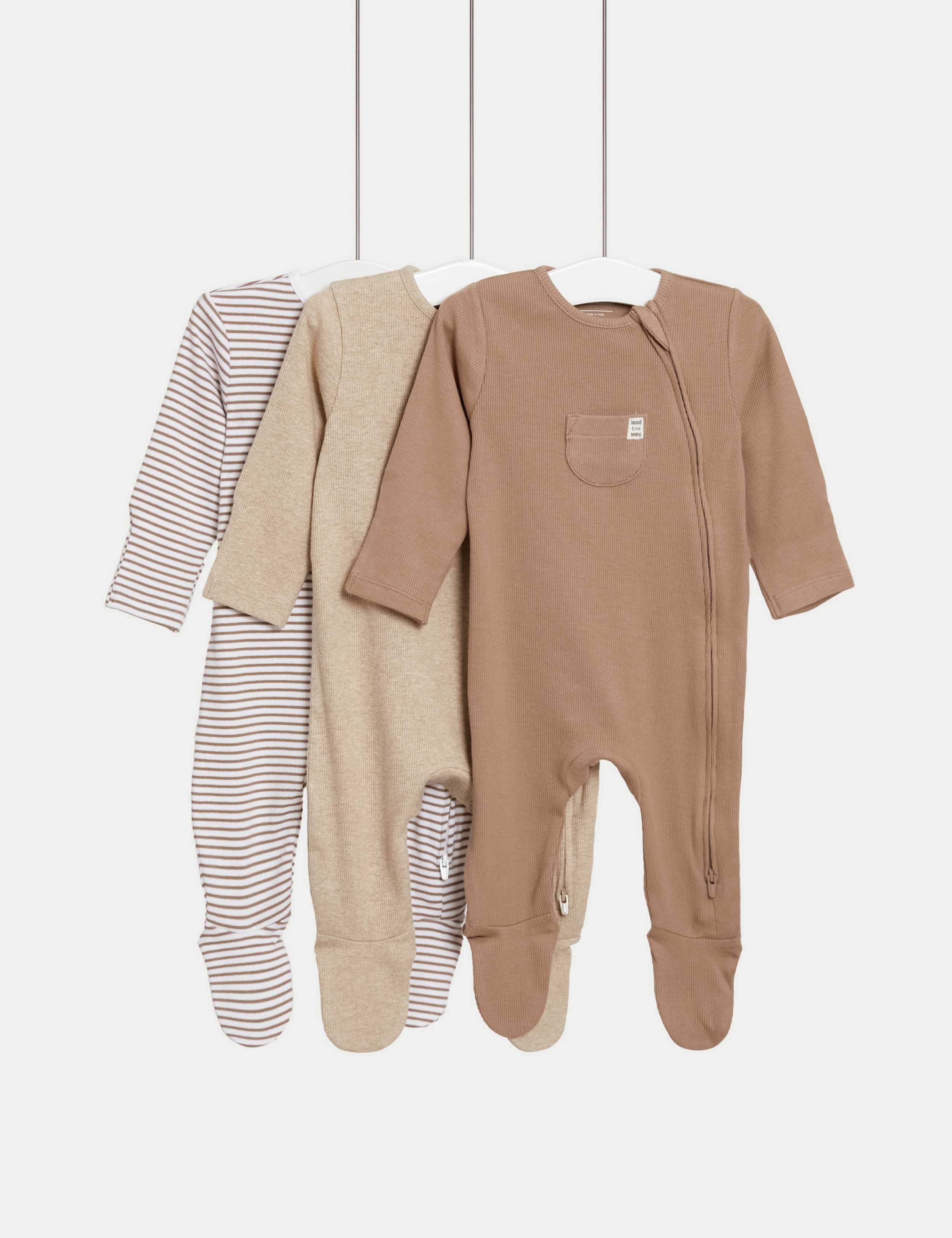 3 Pack Cotton Rich Striped & Plain Sleepsuits (0-3 Yrs) 1 of 6