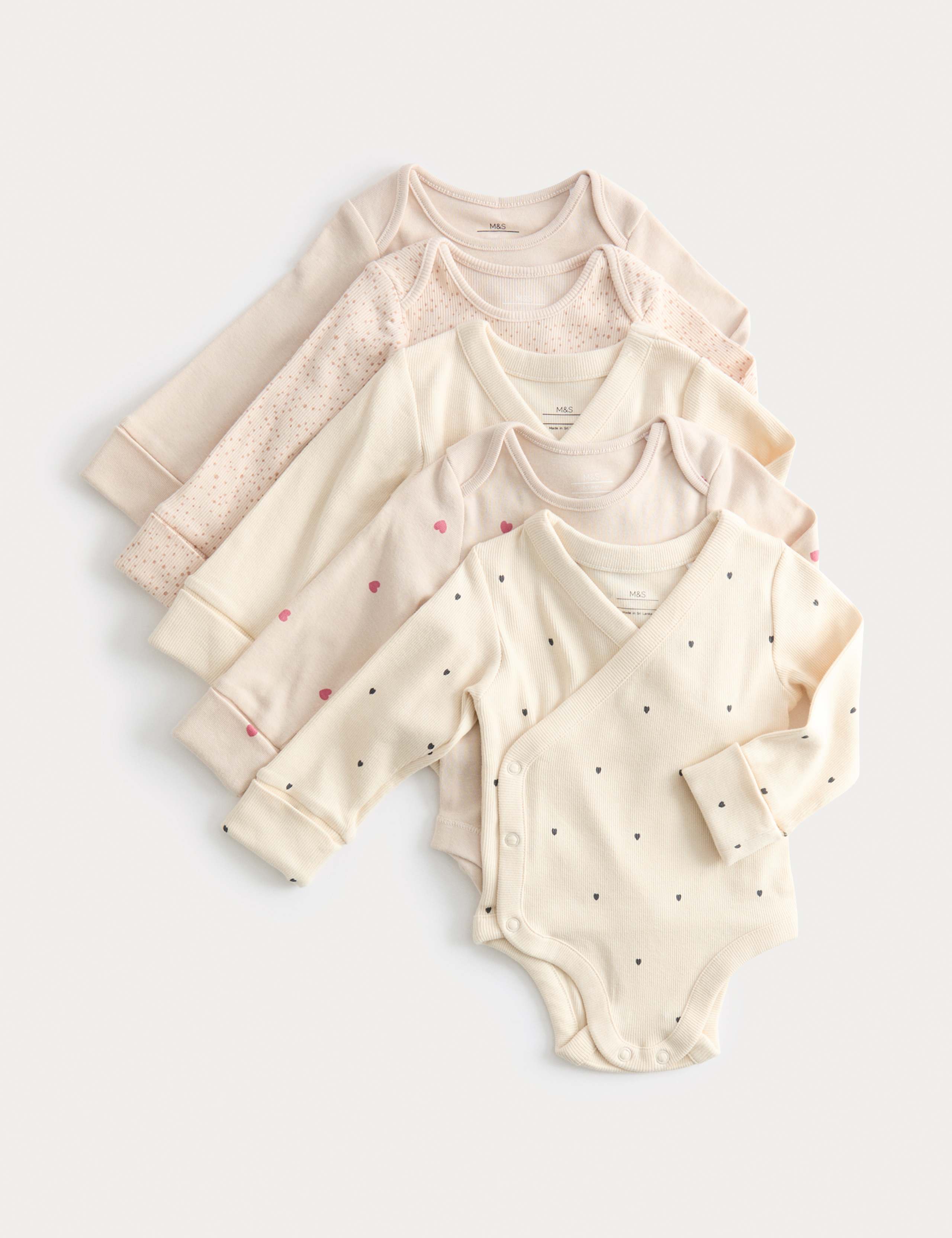 5pk Pure Cotton Heart Ribbed Bodysuits (0 Mths-3 Yrs) 1 of 3