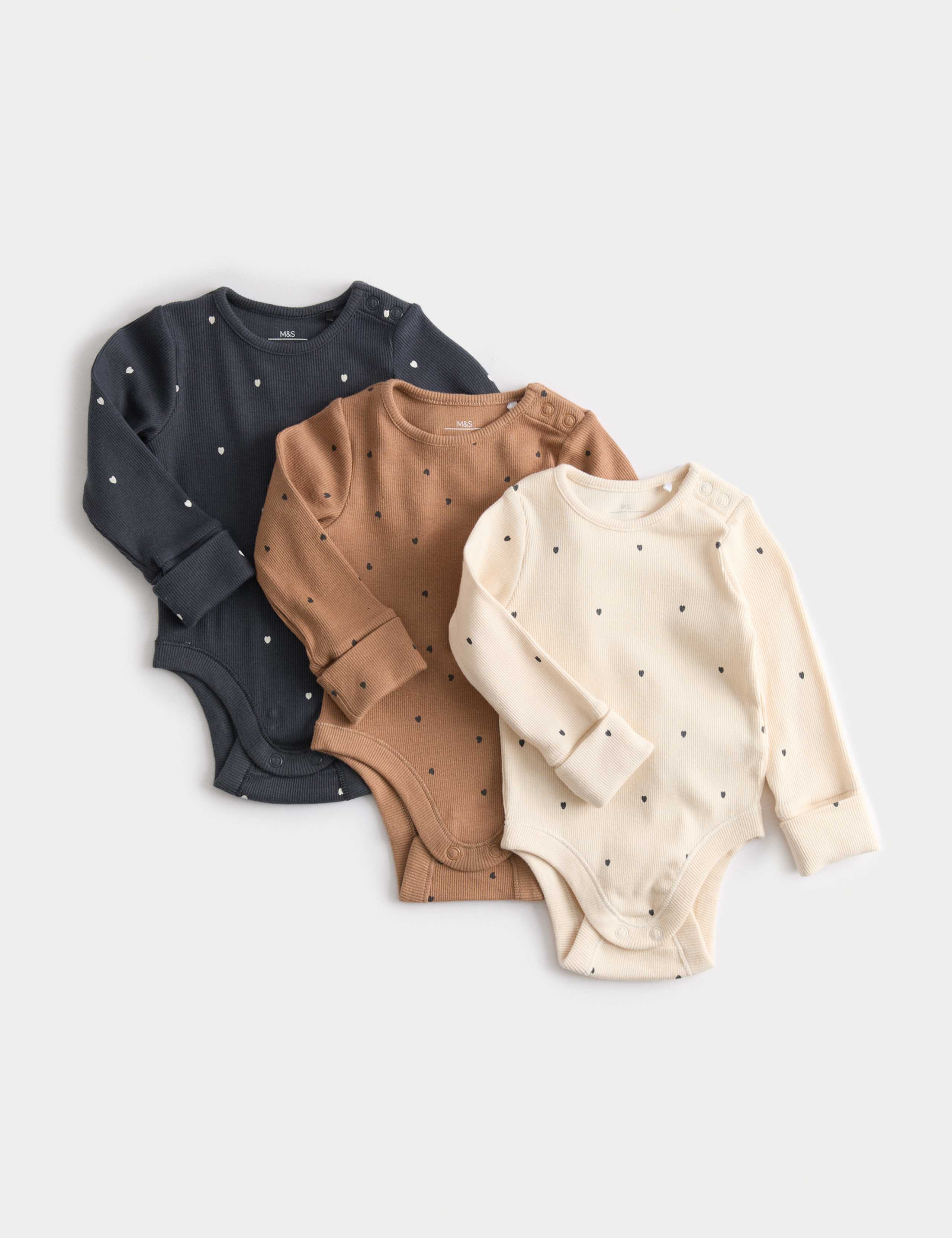 3 Pack Cotton Rich Heart Long Sleeved Bodysuits (0 Mths-3 Yrs) 1 of 3