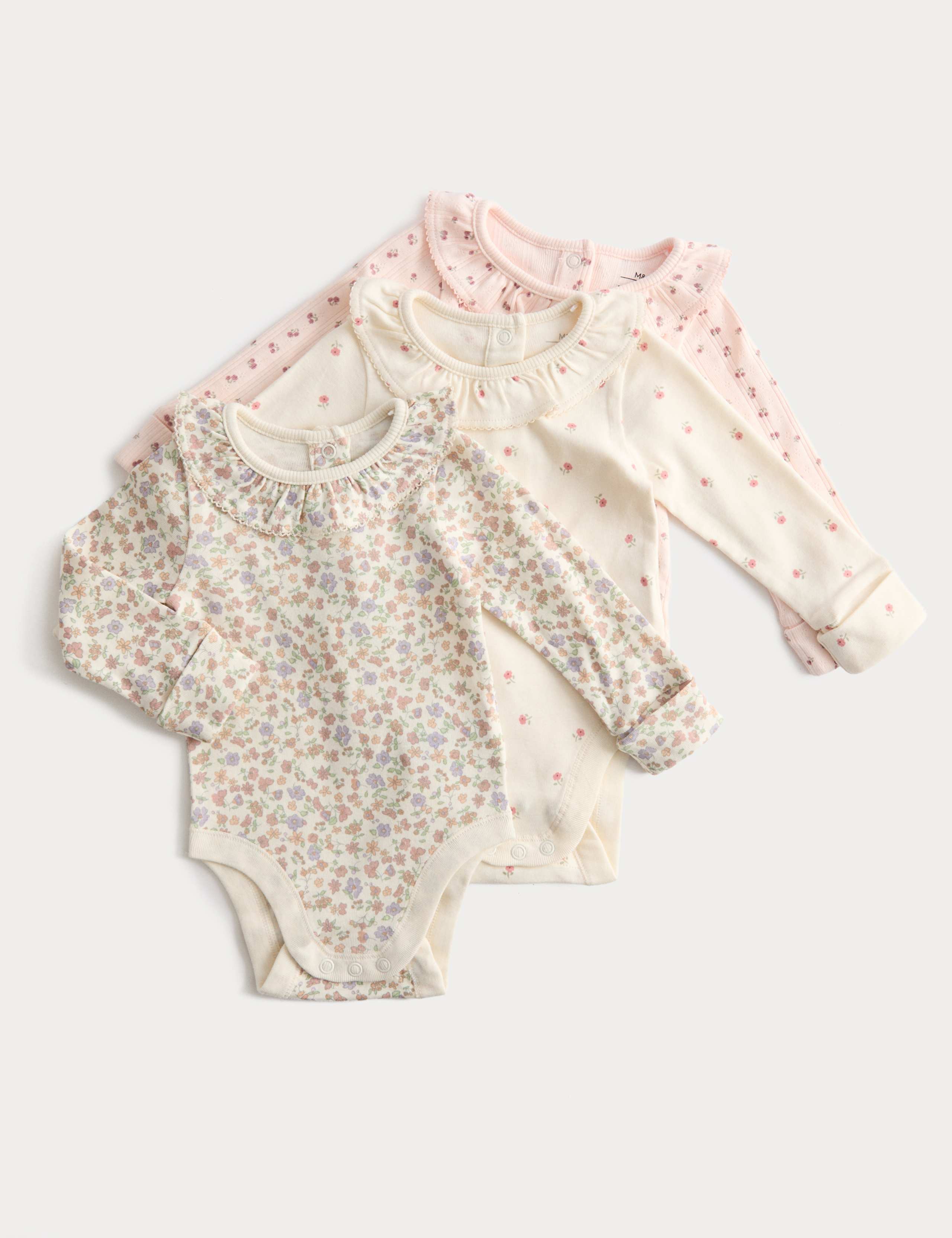 3 Pack Pure Cotton Floral Long Sleeve Bodysuits (0-3 Yrs) 1 of 4