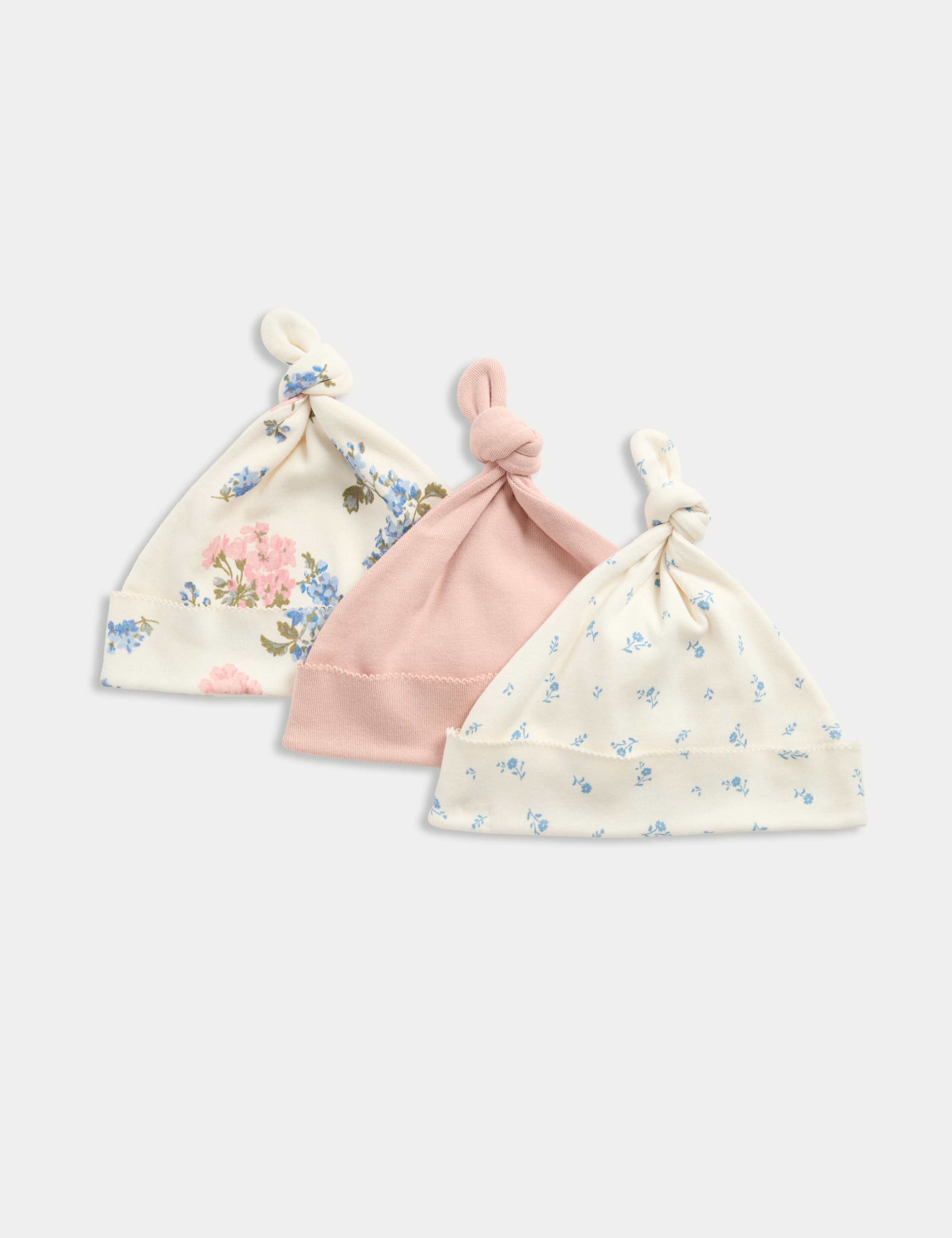 3 Pack Pure Cotton Floral Hats (0-12 Mths) 1 of 2