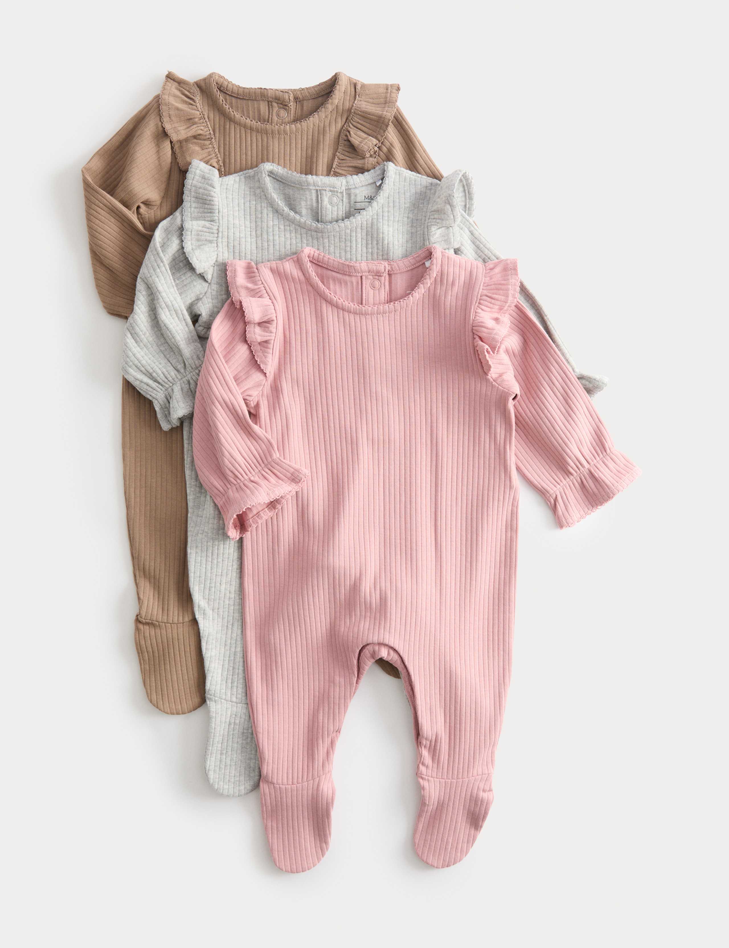 3pk Cotton Rich Frill Ribbed Sleepsuits (0 Mths-3 Yrs) 1 of 3