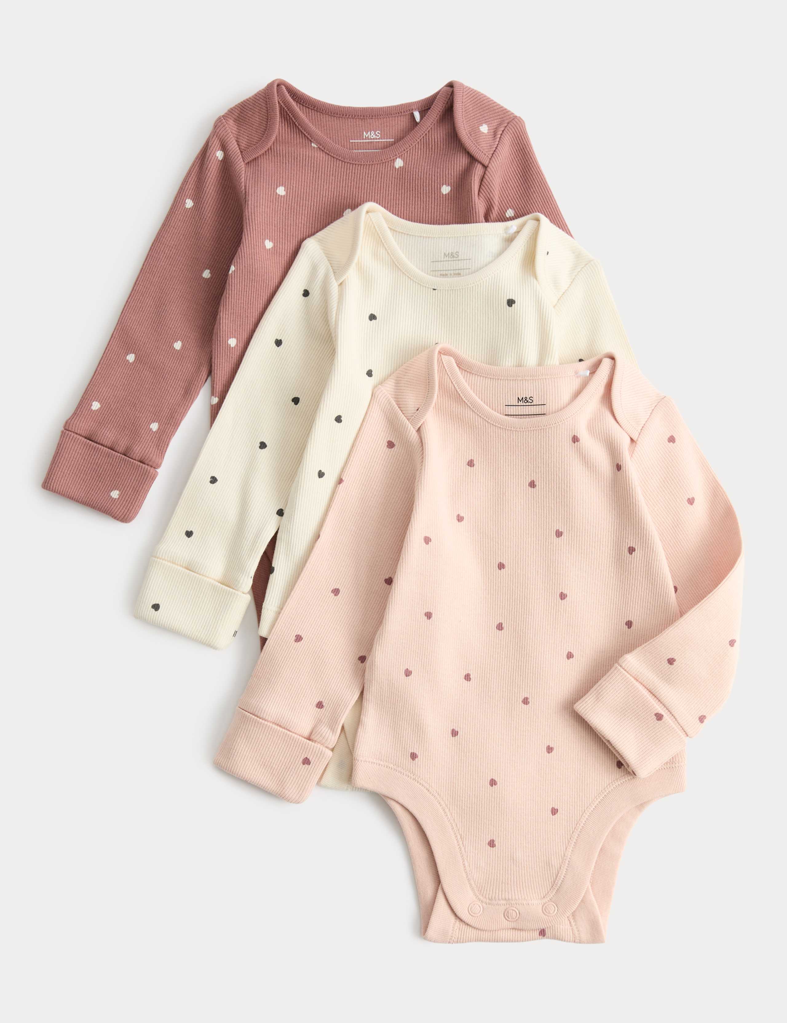 3 Pack Cotton Rich Heart Long Sleeve Bodysuits (0-3 Yrs) 1 of 3