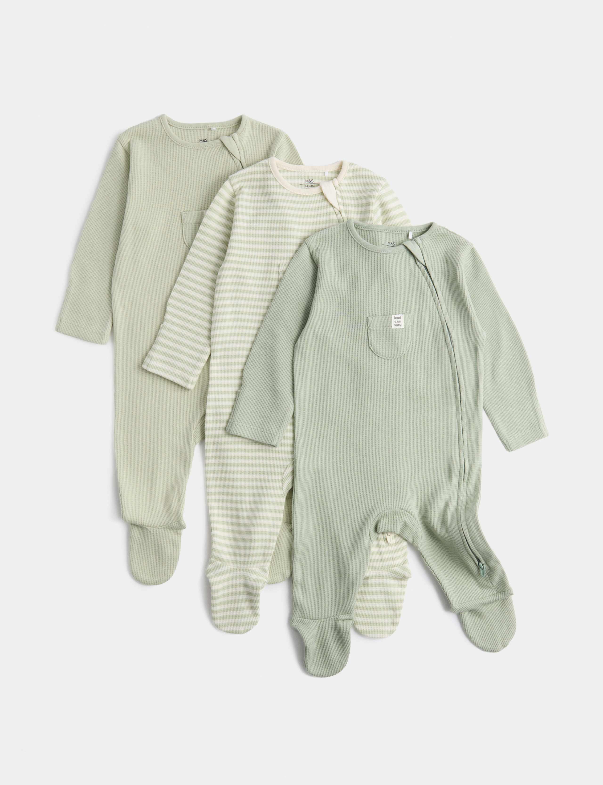 3 Pack Pure Cotton Waffle Sleepsuits (7lbs-3 Yrs) 1 of 3