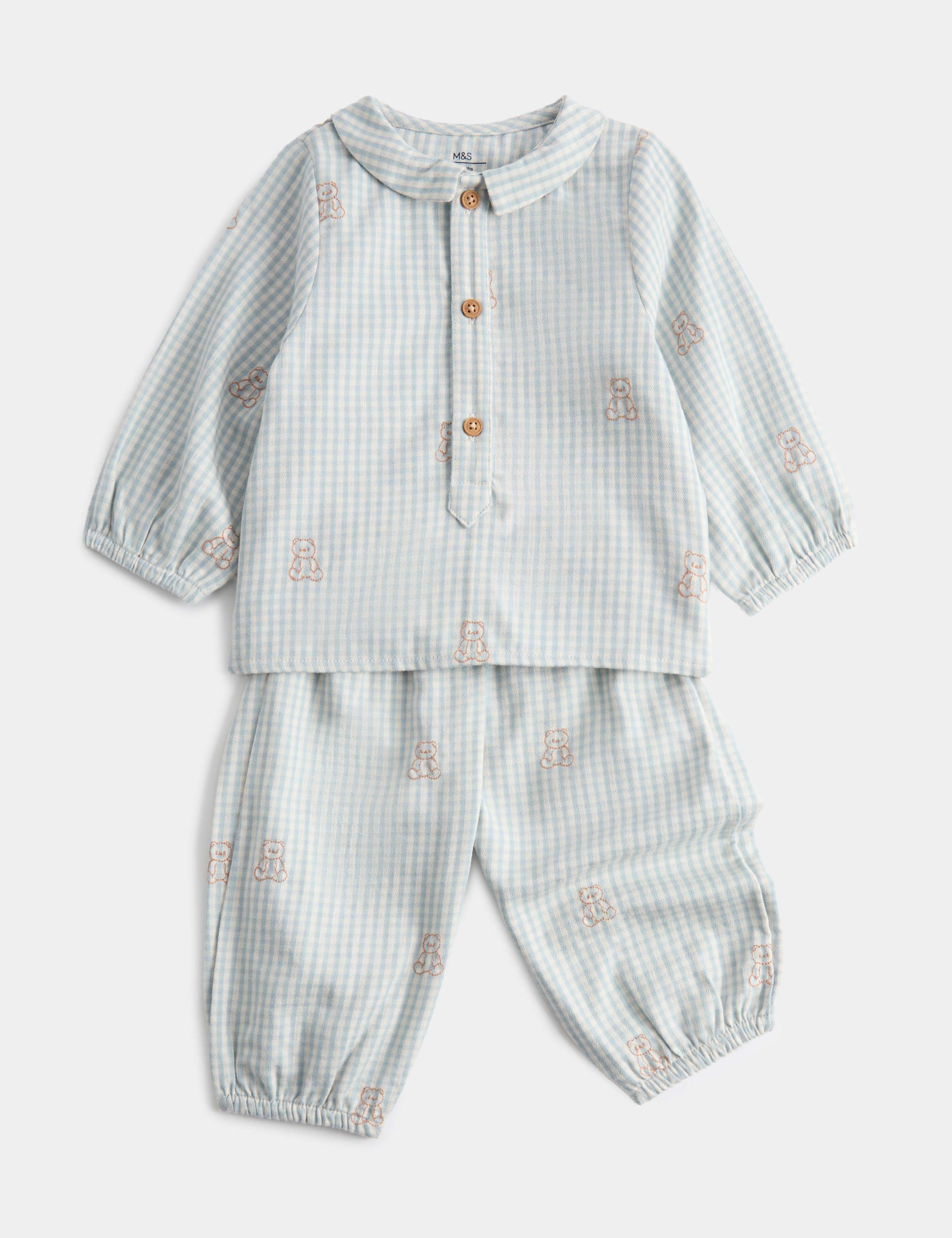 Pure Cotton Checked Bear Top & Trouser Set (7lbs-12 Mths) 1 of 2